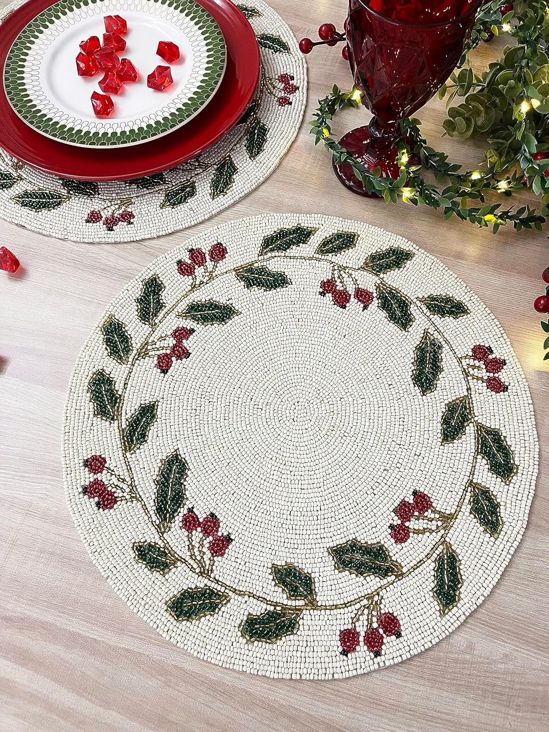 Enliven Set of 6, Christmas Special Beaded placemat, 14 inch, Gifts, Holly Berry Design