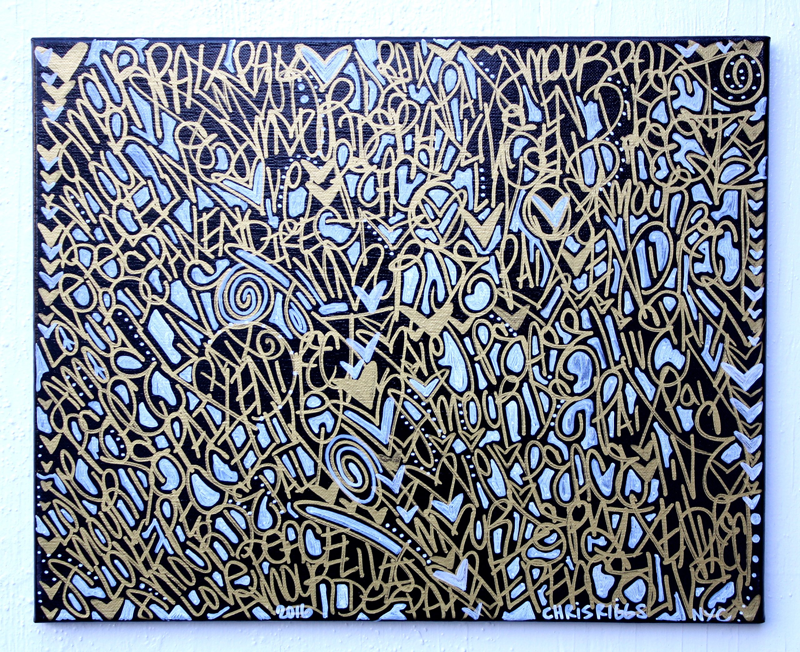 CHRIS RIGGS Original Love Peace Paix Amour french gold fine art painting 16" x 20" pop street art spray paint NYC acrylic contemporary modern art urban canvas