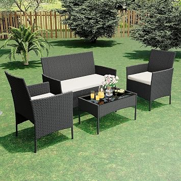 Patio Furniture Set 4 Piece Outdoor Rattan Conversation Set with Cushions, Black Wicker Chair & Table Set with Glass Top for Balcony, Backyard, Garden, Porch, Black and Beige