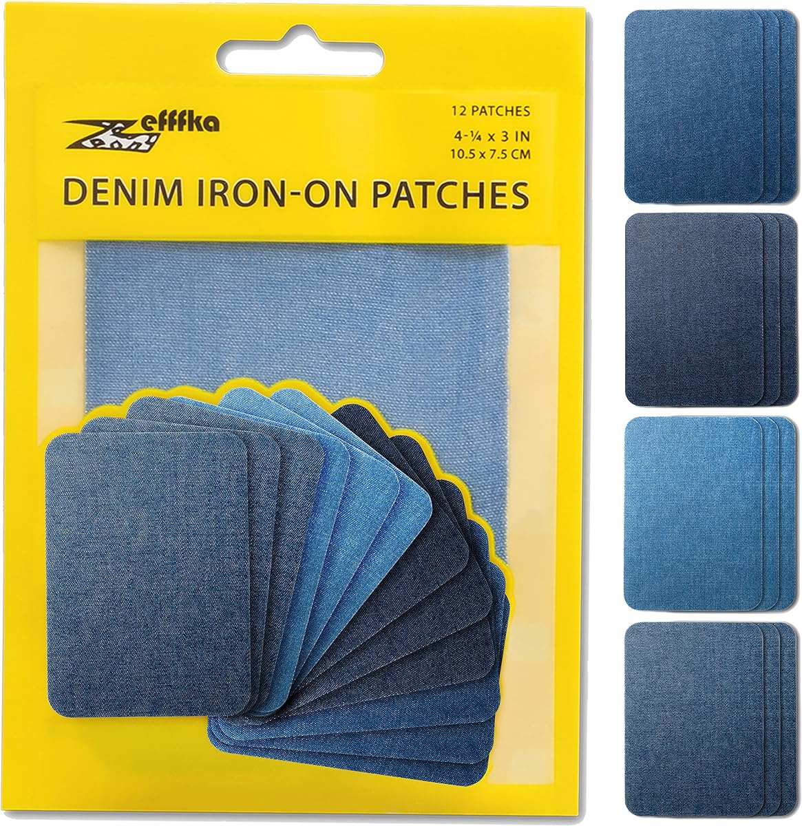 ZEFFFKA Denim Iron-on Patches Inside & Outside Strongest Glue 100% Cotton Black and White Repair Decorating Kit 12 Pieces Shades of Blue Size 3" by 4-1/4" (7.5 cm x 10.5 cm)