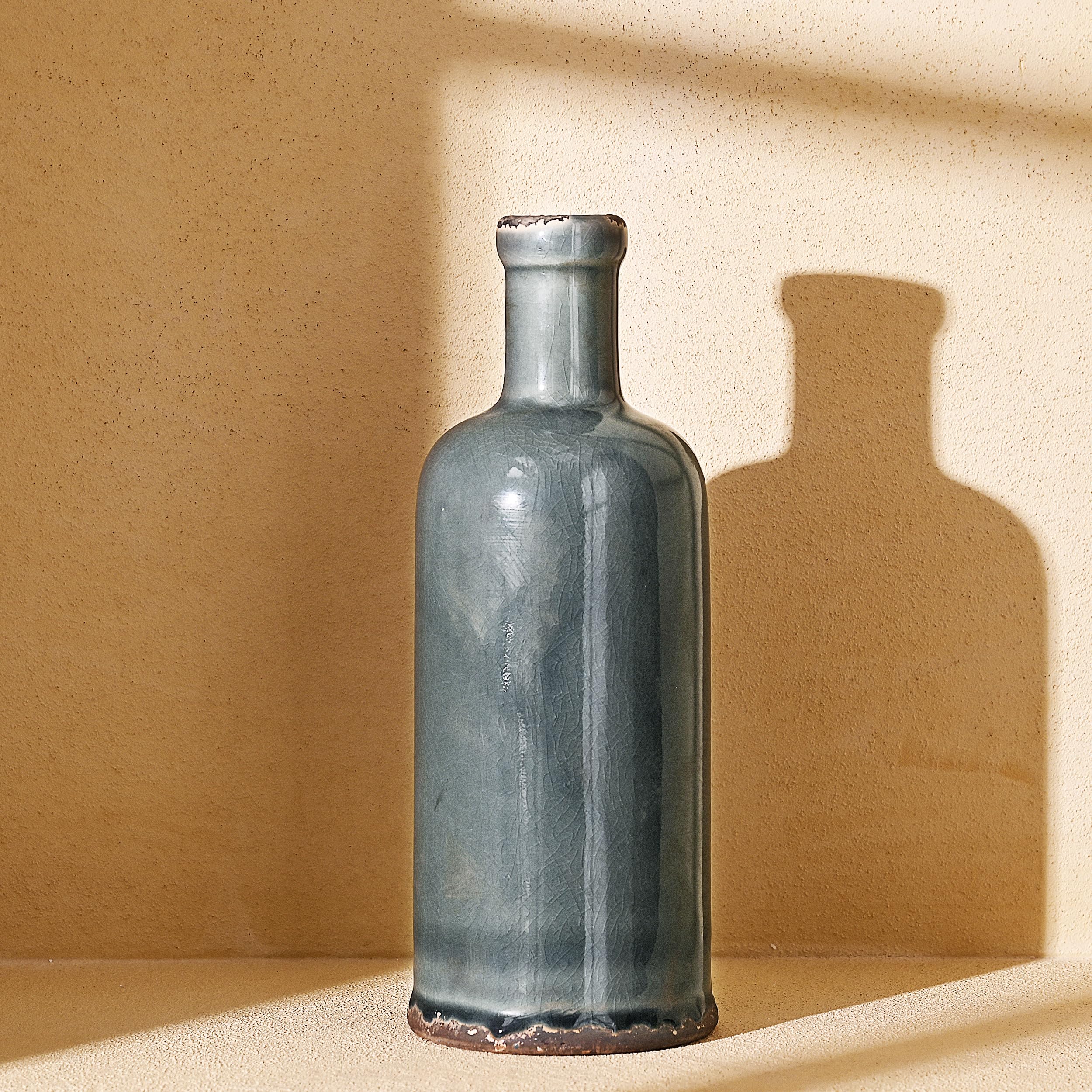 VICTOR & TERESA Rustic Vase for Home Decor, Blue Ceramic Vases for Flowers, Modern Farmhouse Decorative Vases for Pampas Grass,Table Accent, Mantel, Living Room,Bookshelf, Centerpieces, 11.8inch