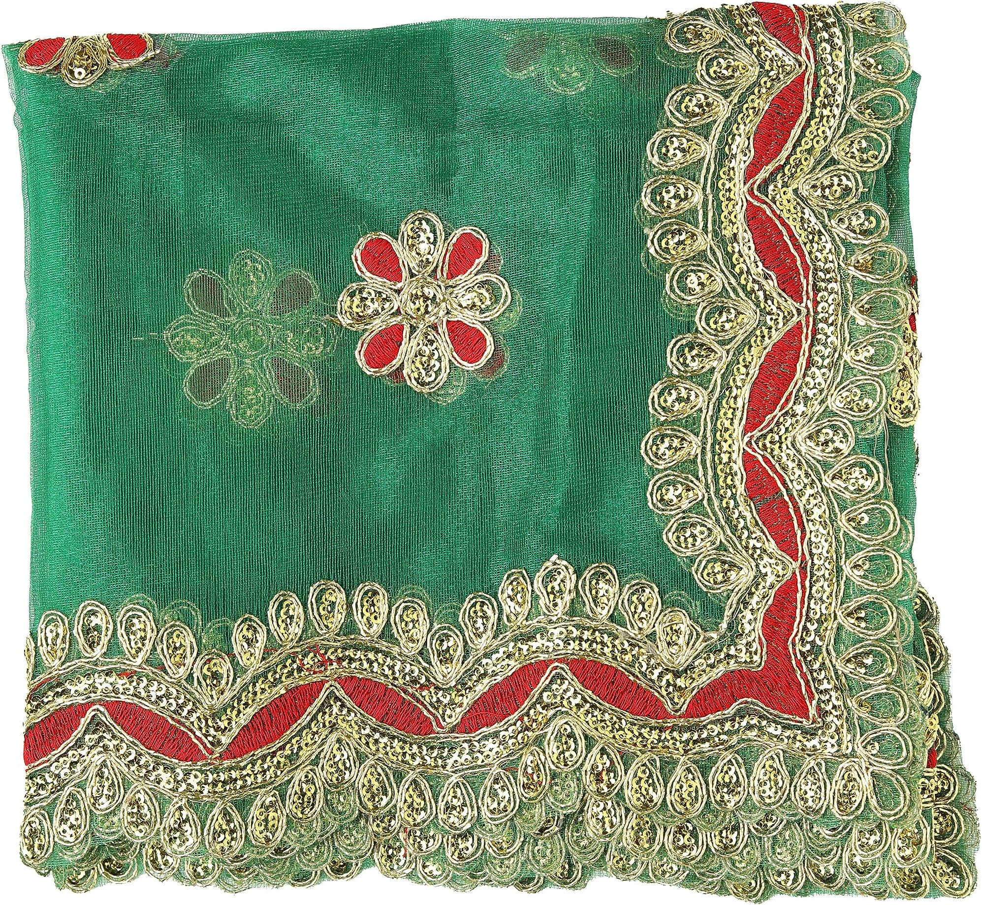 Decorative Chunari Large Work Netted Cloth Pooja Chunari (Size :- 18 Inches x 38 Inches) Chunni Puja Indian Traditional Navratri Festival Decoration MATA Ki Chunri for Statue Chowki Aasan Mat (Green)