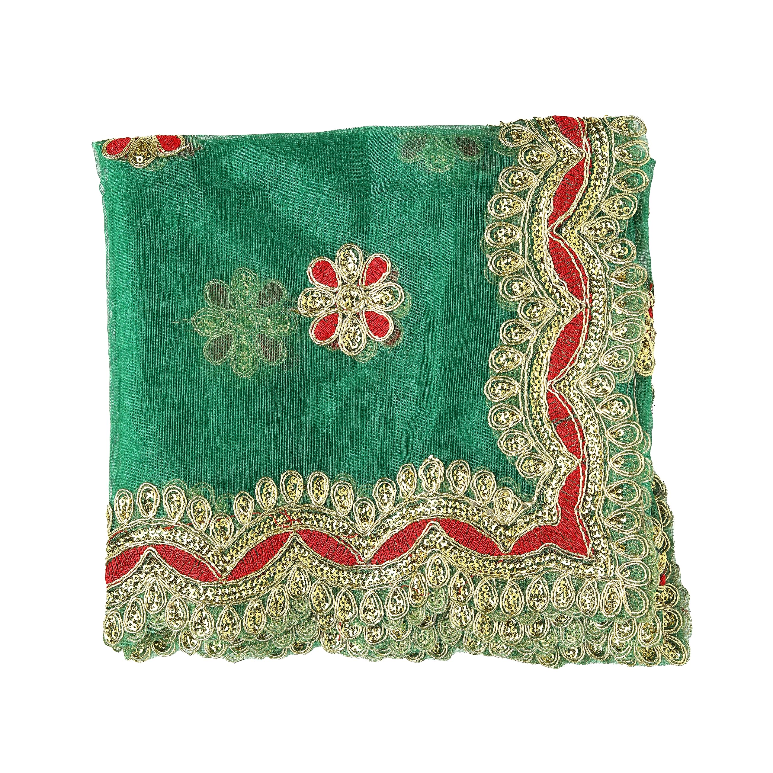 Decorative Chunari Large Work Netted Cloth Pooja Chunari (Size :- 18 Inches x 38 Inches) Chunni Puja Indian Traditional Navratri Festival Decoration MATA Ki Chunri for Statue Chowki Aasan Mat (Green)