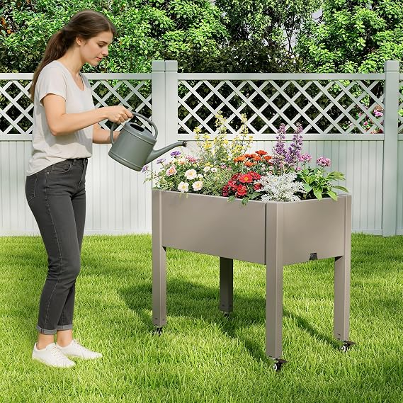 Elevated Raised Garden Bed with Wheels,Planter Box,Gray-26.3 h