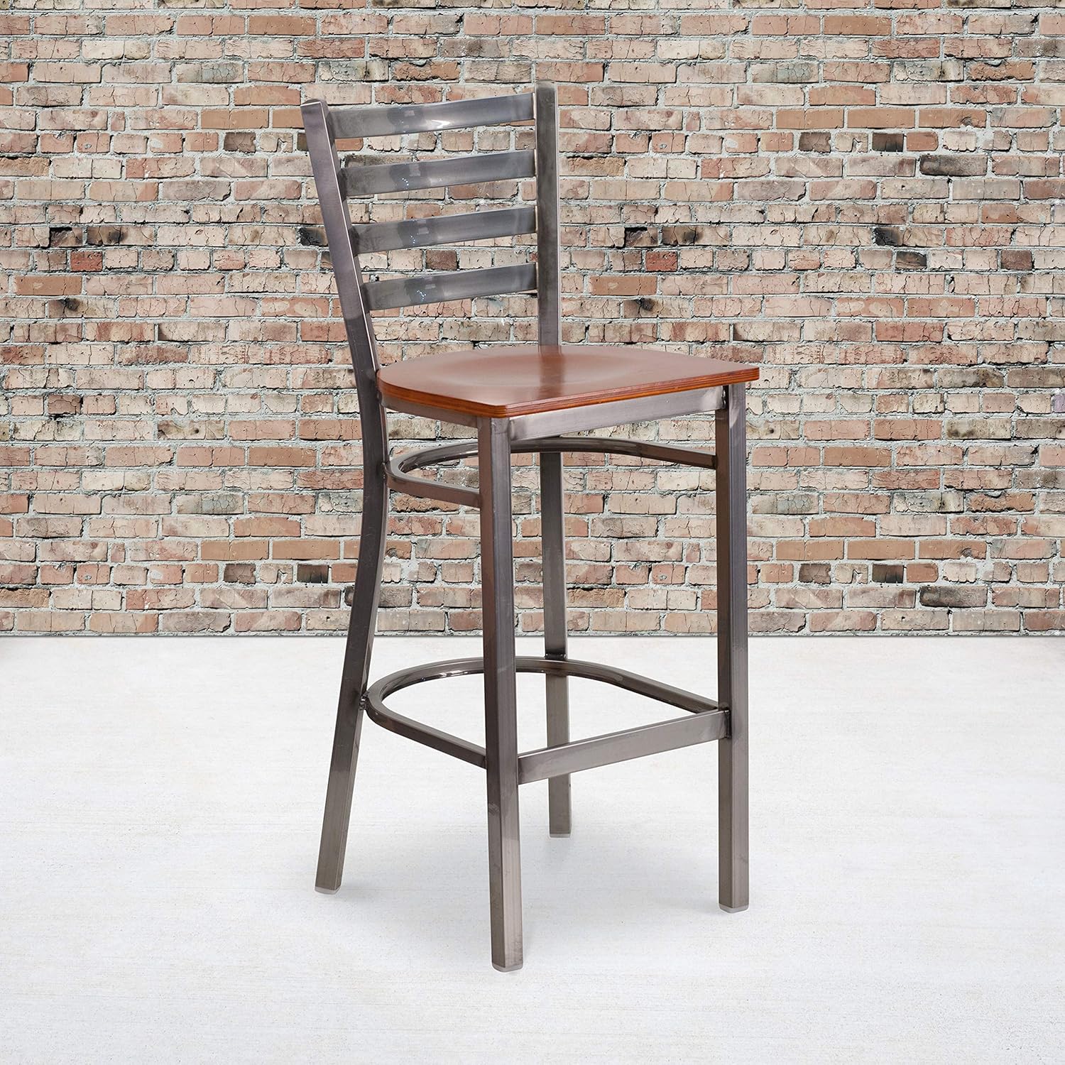 Flash Furniture 2 Pack HERCULES Series Silver Antique Finish with Clear Coat Ladder Back Metal Restaurant Barstool - Cherry Wood Seat