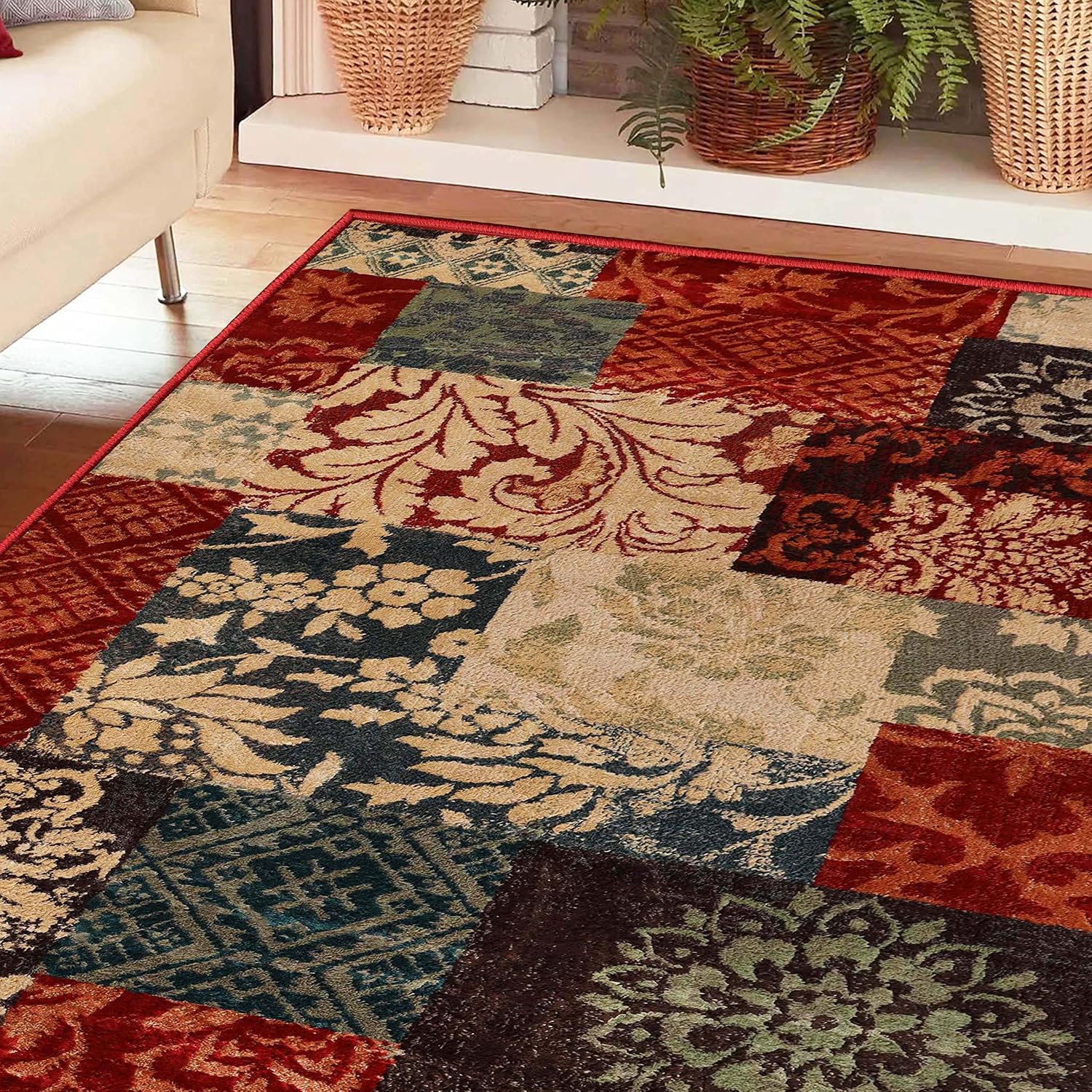 BNM Indoor Large Area Rug with Jute Backing, Great for Entryway, Living Room, Kitchen, Dorm, Bedroom, Hallway, Hardwood or Tile Floor Cover, Patchwork Medallion Indoor Area Rug, 4' x 6'