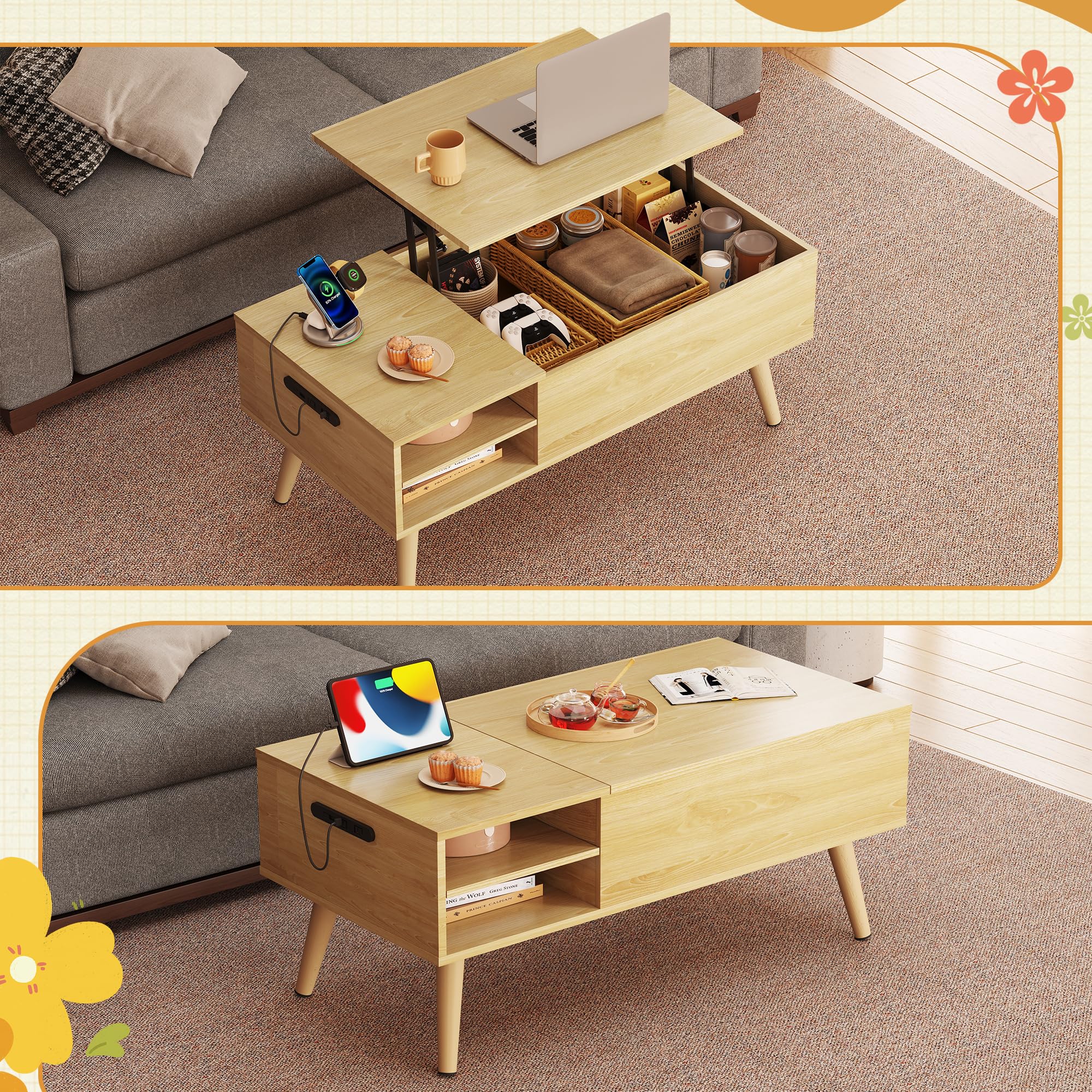 Amazon.co.jp: WLIVE コーヒーテーブル 昇降式 リビング ローテーブル