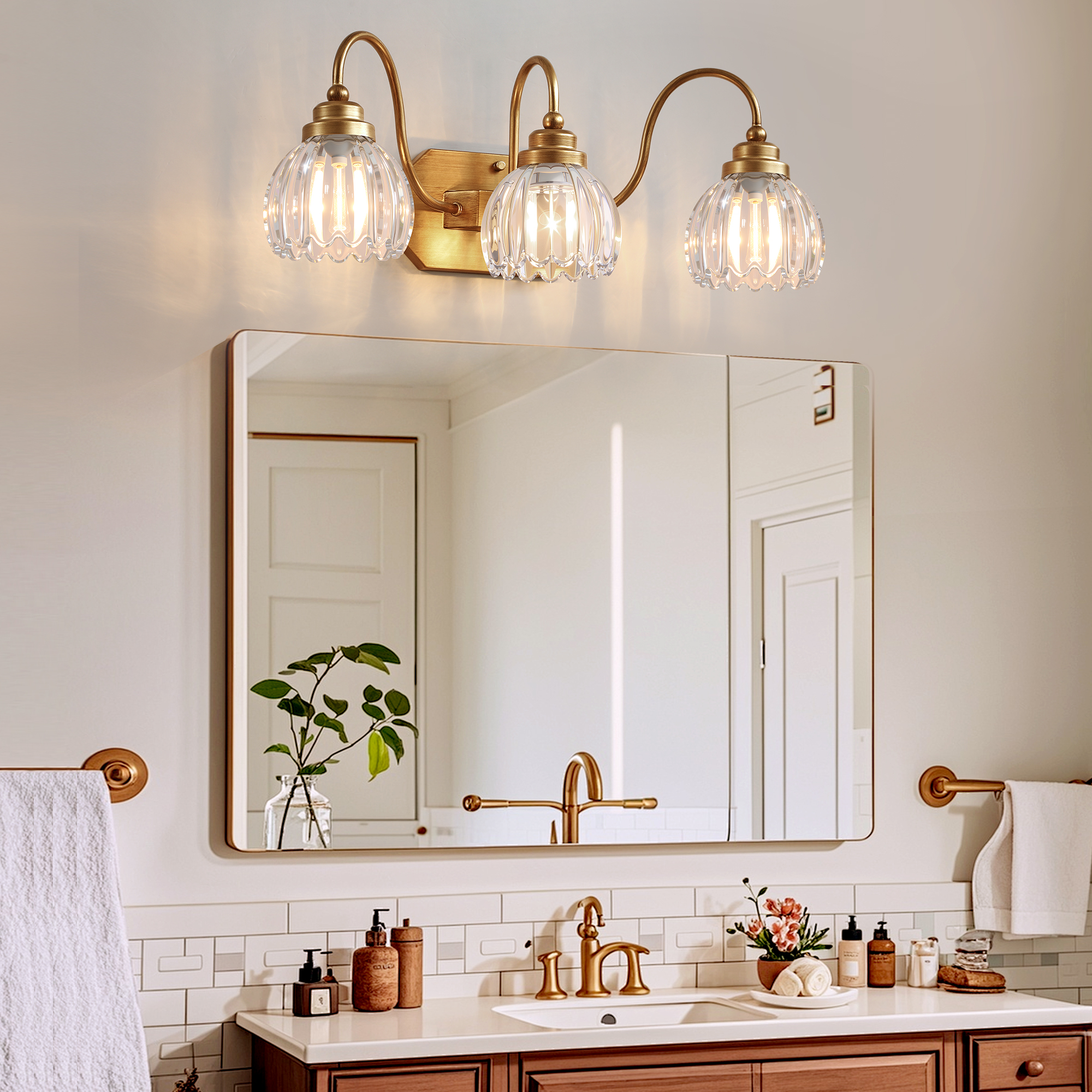Image of Vintage Gold Bathroom Light Fixtures, 3 Light Clear Tulip Crystal | Brushed Gold Vanity Lights,Matte Antique Brass Finish, Mid Century Style,Wall Sconces for Bedroom,Hallway, Easy to Install