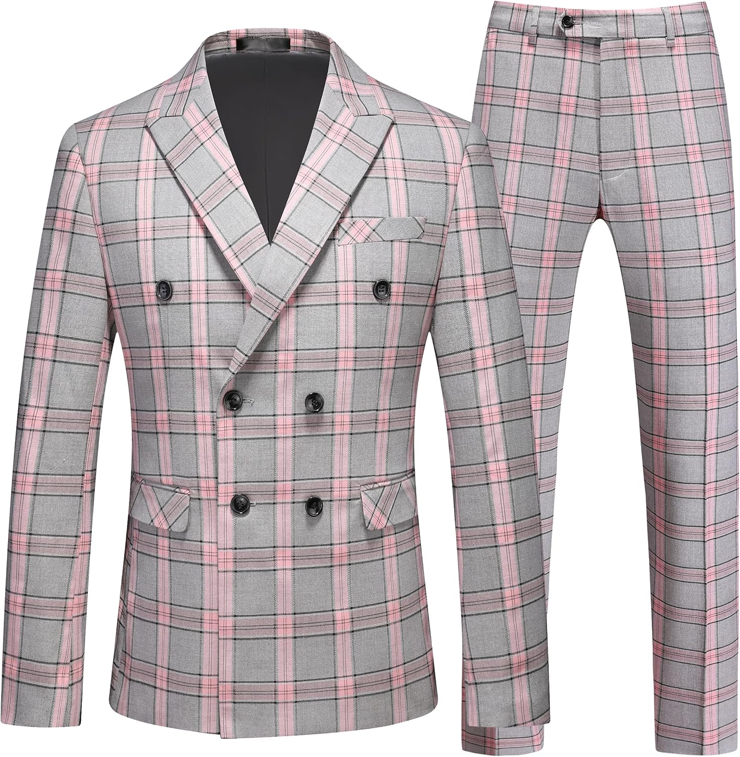MOGU Men's Plaid Tuxedo Suit - Double Breasted 2-Piece Checkered Set with Suit Jacket and Pants for Prom and Wedding