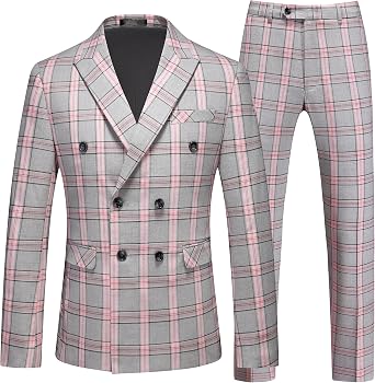 MOGU Mens Plaid Tuxedo Suit - Double Breasted 2-Piece Checkered Set with Suit Jacket and Pants for Prom and Wedding