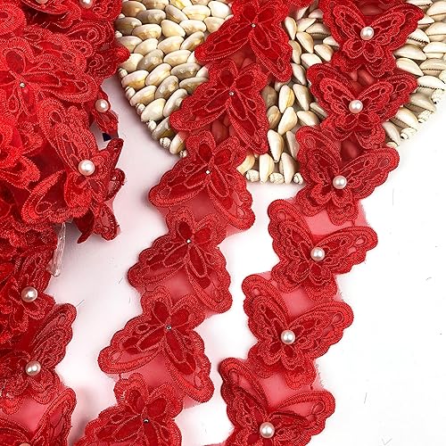 Miniatura 2 de Heyiwell Cinta bordada de organza roja, perla, mariposa con diamantes de imitación, borde de encaje, ocasión de boda, patrón floral, 36 pulgadas