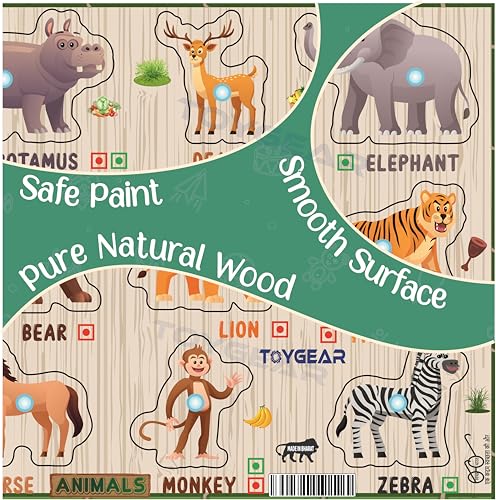 Image of Nizomi Wooden Sea Animals & Jungle Animals Peg Puzzle for Kids | Montessori Educational Puzzle Board with Fish, Dolphin, Lion, Elephant & More | Early Learning Toy