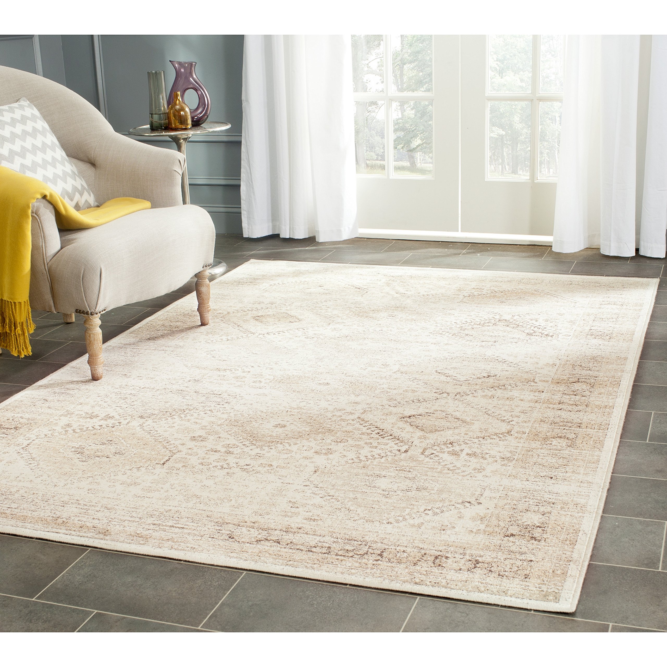 SAFAVIEH Vintage Collection Area Rug - 9' x 12', Stone, Oriental Distressed Viscose Design, Ideal for High Traffic Areas in Living Room, Bedroom (