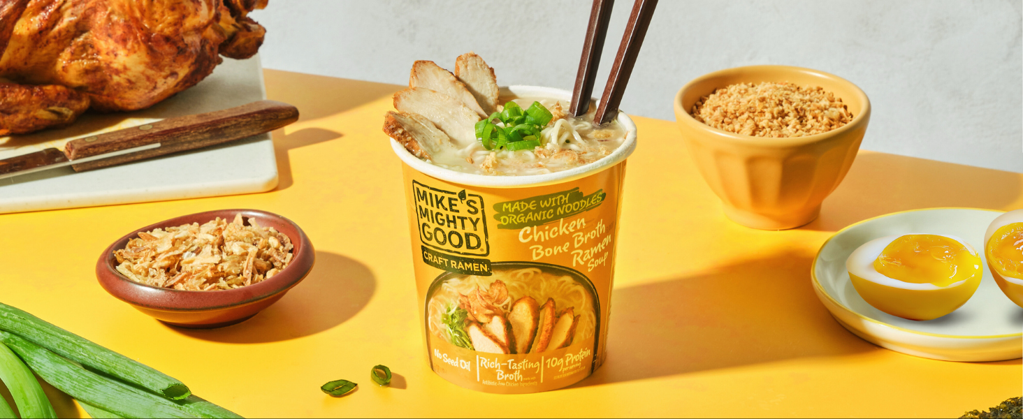 Mike’s Mighty Good Bone Broth Chicken Ramen Cup (Pack of 6) – 10g Protein Instant Ramen Noodles – Steamed Organic Noodles, Non-GMO, Seed & Palm Oil-Free – Antibiotic-Free Chicken, Rich Broth