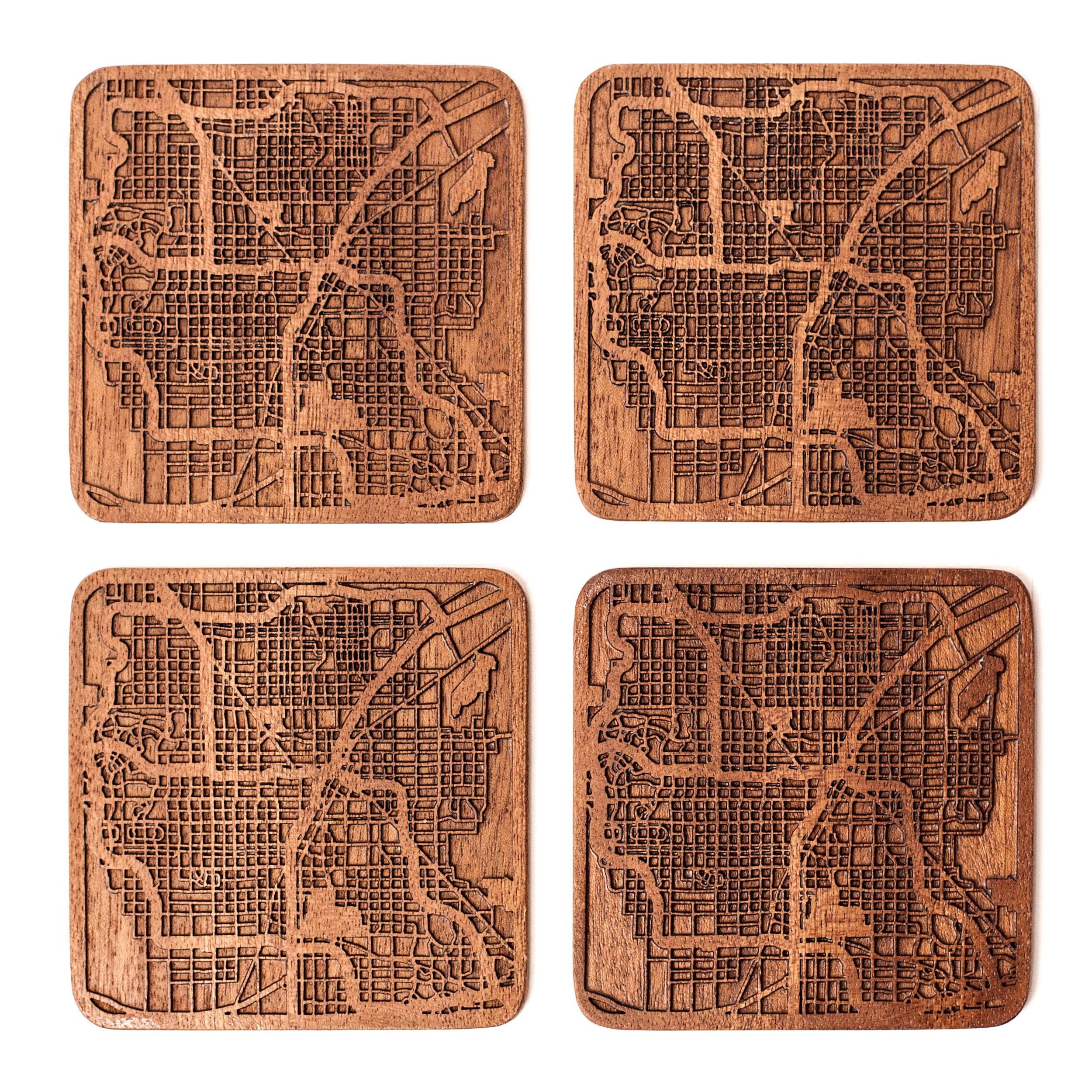 O3 Design Studio Brown Las Vegas Map Coaster, Set Of 4, Sapele Wooden Coaster With City Map, Handmade