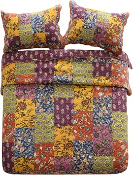Qucover 100% Cotton Quilted Bedspread King Size Real Patchwork Quilt Orange