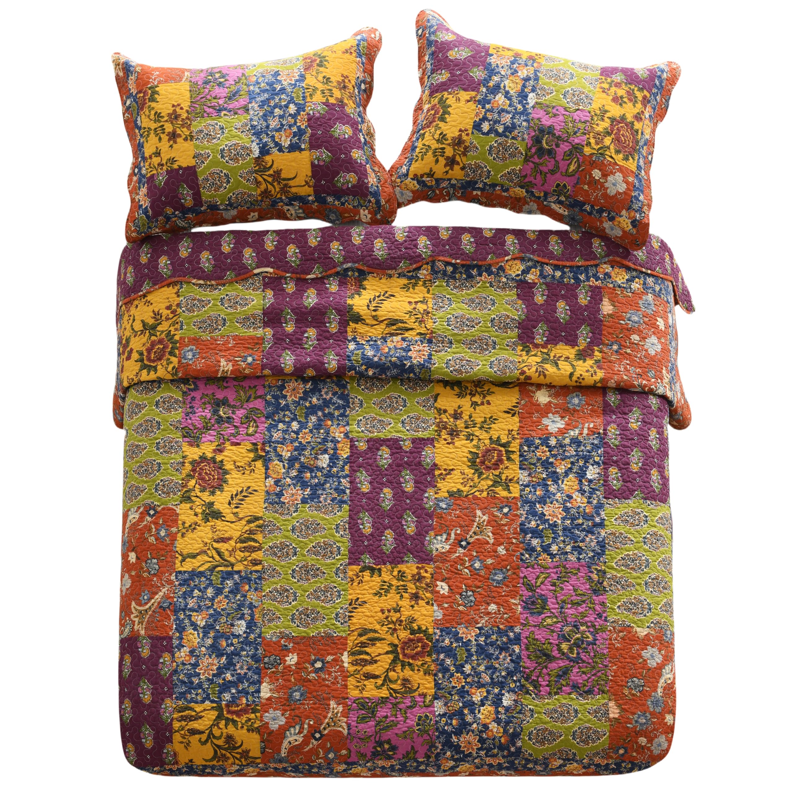Qucover Tagesdecke Bunt Baumwolle, Weich Tagesdecke Patchwork, Tagesdecke Bettüberwurf, Cotton Bedspreads mit 2 Kissenbezügen 50x70cm, Sofa Überwurfdecke, Decke Patchwork für Sofa und Bett(223x233cm)