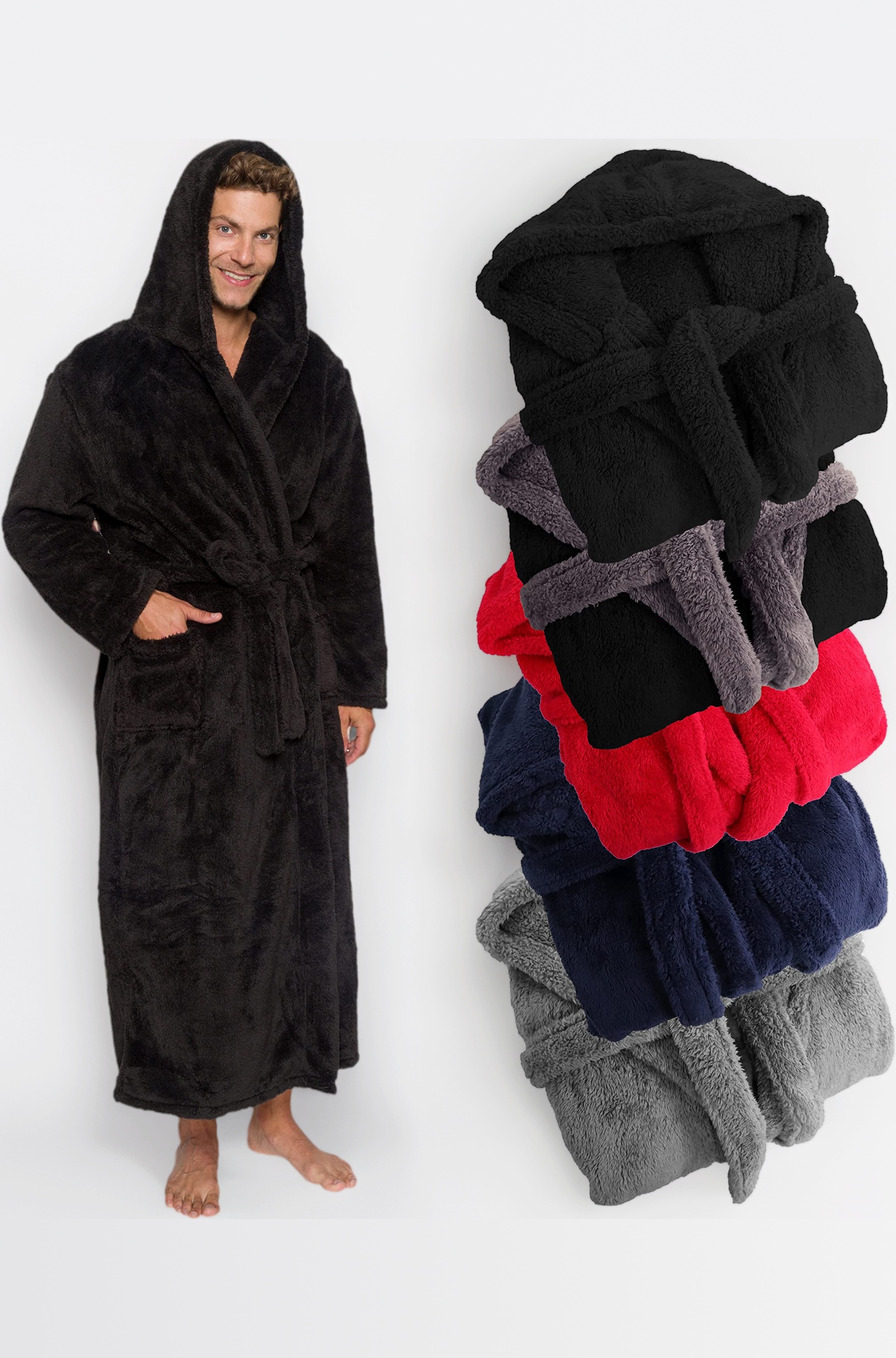 Ross Michaels Mens Luxury 400gsm Hooded Long Robe - Full Length Plush Big & Tall Bathrobe