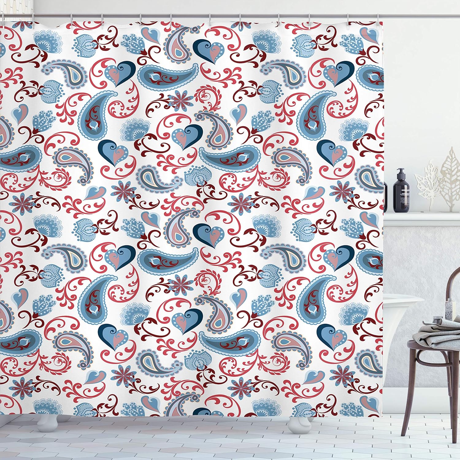 Ambesonne Paisley Shower Curtain, Style Rose and Swirled Floret Buds Bohemian Lady Feminine Art Print, Cloth Fabric Bathroom Decor Set with Hooks, 70" Long, Slate Blue