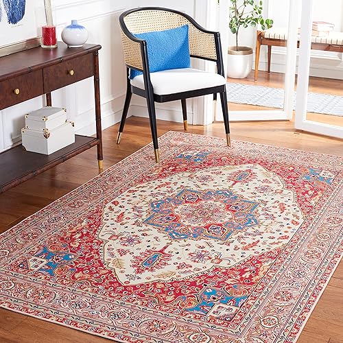 SAFAVIEH Tucson Collection TSN107Q Medallón Oriental de 5 x 8 pies, color rojo y beige, lavable a máquina, no desprende pelusa, alfombra de área