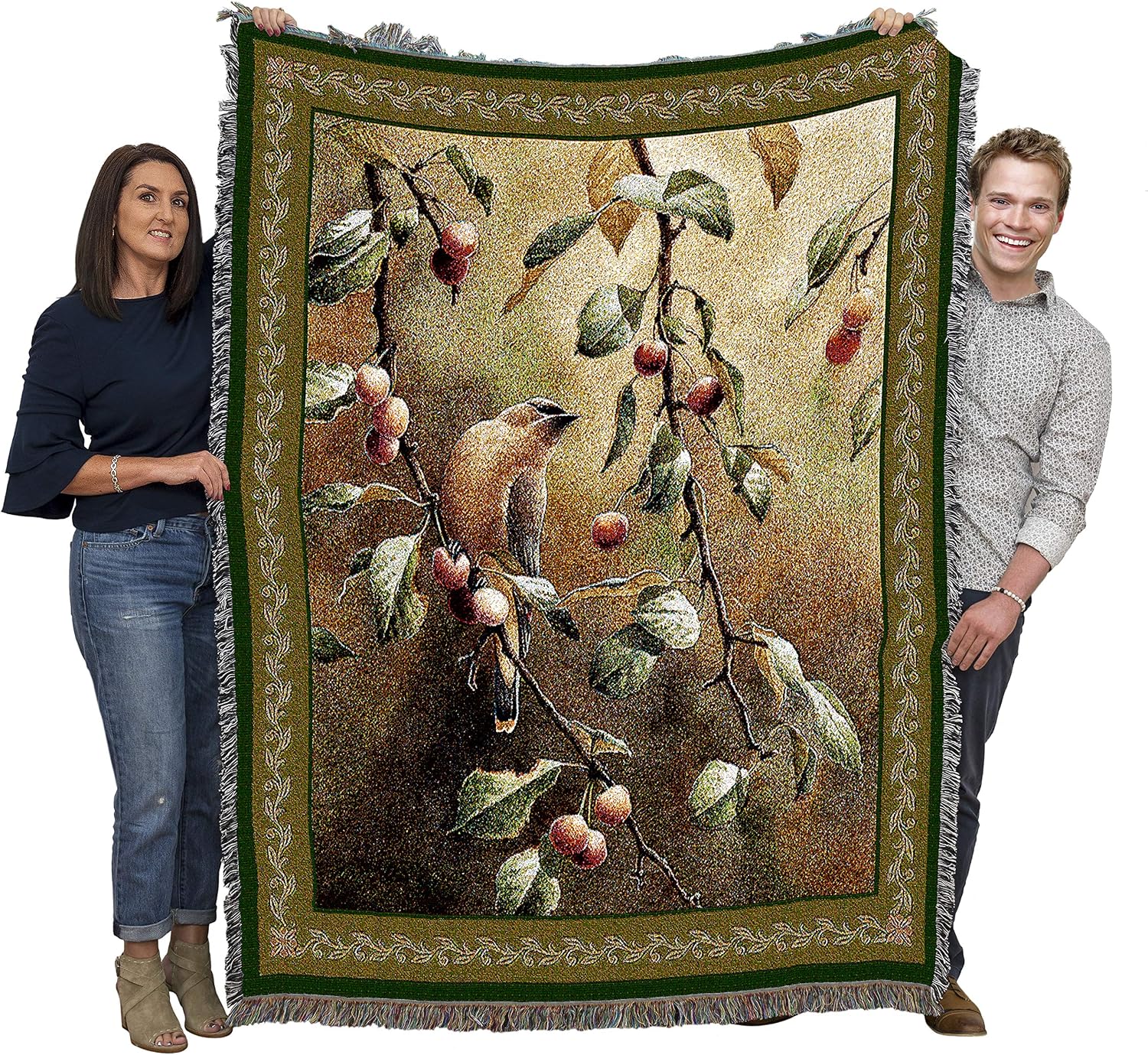 Pure Country Weavers Cherry Chase Blanket - Bird Garden Floral Gift Tapestry Throw Woven from Cotton - Made in The USA (72x54)