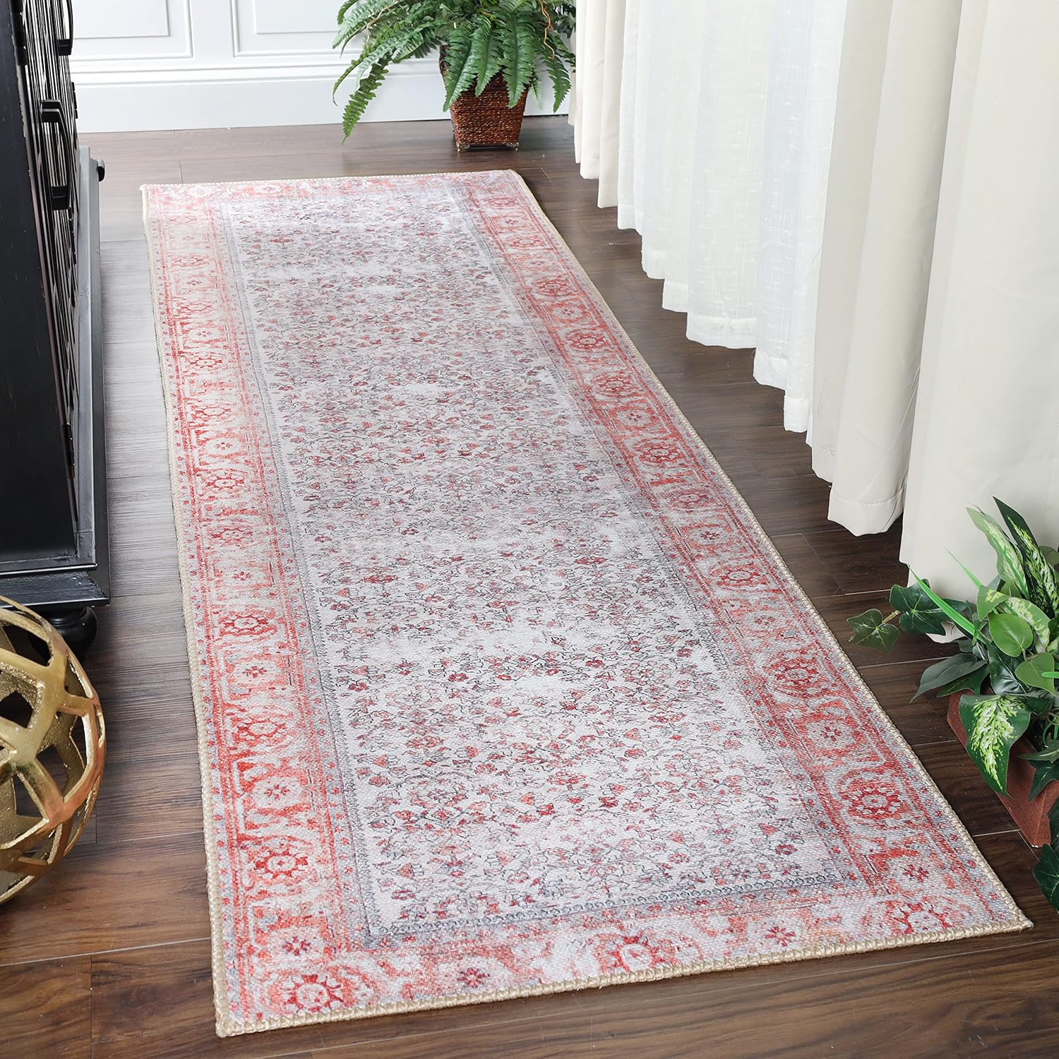 Superior Classic Antique Floral Flat-Weave Indoor Runner Rug, Throw for Living/Dining Room, Kitchen, Bedroom, Office, Entryway, 2' 6" x 7' 6", Berry Red 2'6"x7'6" Uma - Berry Red