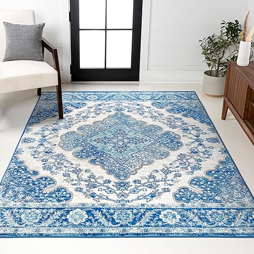 JONATHAN Y Boho Vintage Cream/Blue Indoor Area Rug, 5x8, Bohemian Flair Medallion, Floral Easy-Cleaning High Traffic for Living Room, Bedroom, Kitchen, Pet-Friendly, Non-Shedding (BMF106B-5)