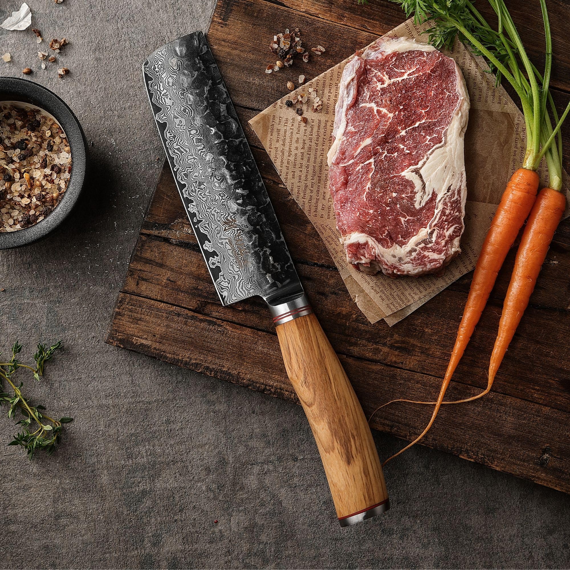 WAKOLI Couteau Nakiri de Cuisine en Damas, 17,5 cm, Manche en Olivier