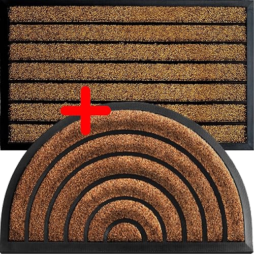 Paquete de 2 tapetes para puerta para exteriores, extra duradero, a rayas, marrón, para exteriores (30 x 18) y medio redondo marrón (30 x 18)
