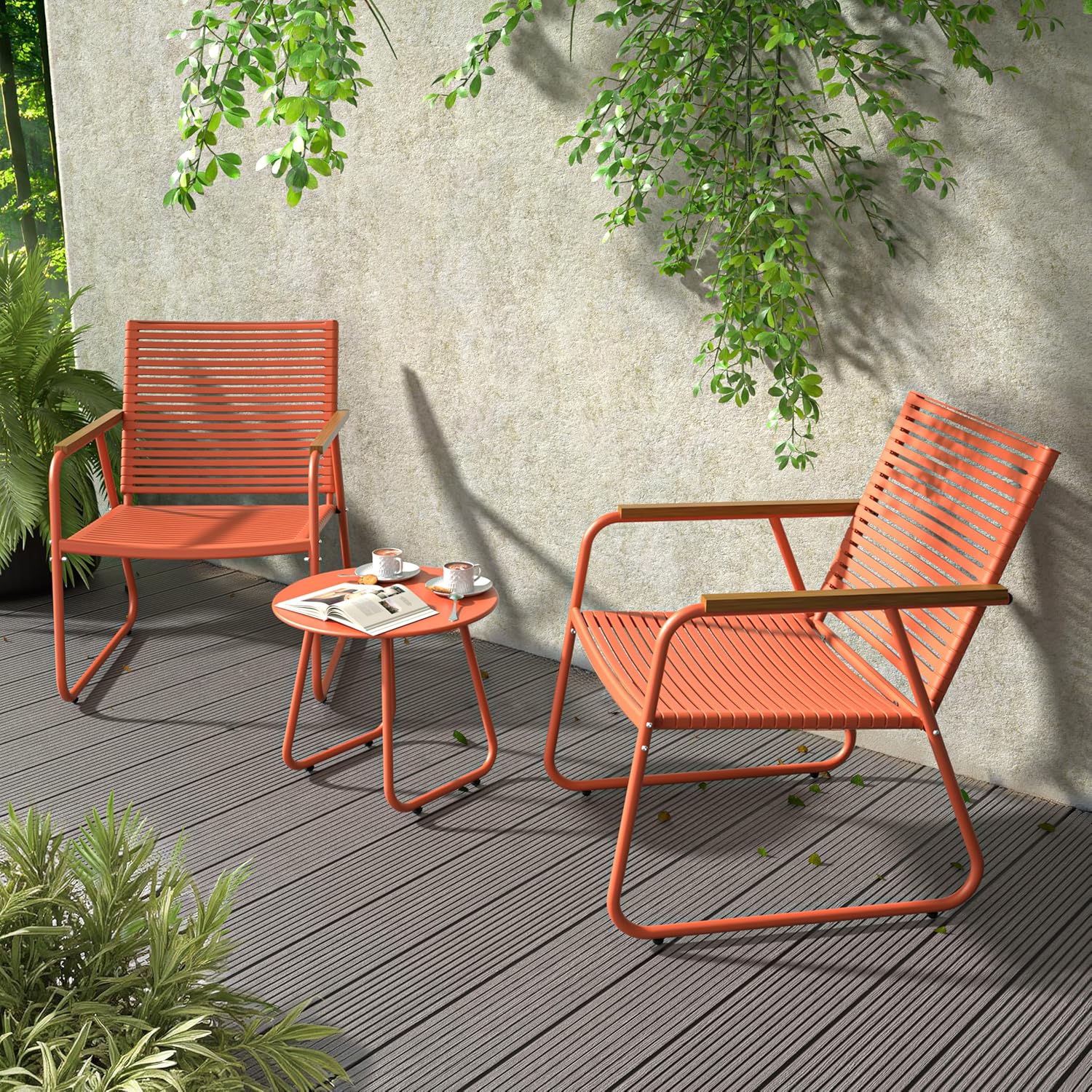 3-Piece Patio Furniture Set, Outdoor Conversation Set with 2 Chairs and Tempered Glass Table, Space-Saving Balcony Furniture for Apartment, Backyard, Porch, Orange