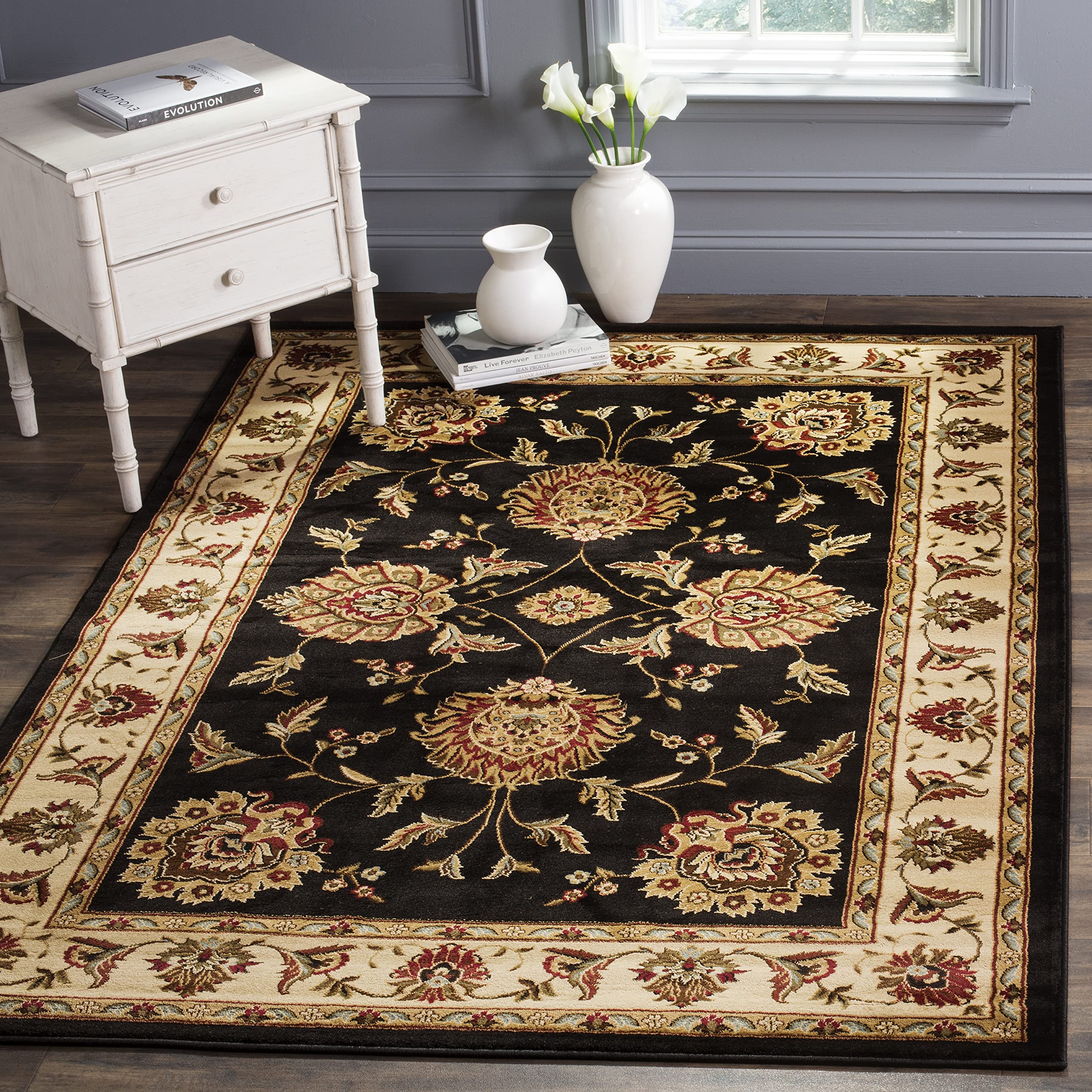 SAFAVIEH Lyndhurst Collection Area Rug - 5'3" x 7'6", Black & Ivory, Traditional Oriental Design, Non-Shedding & Easy Care, Ideal for High Traffic