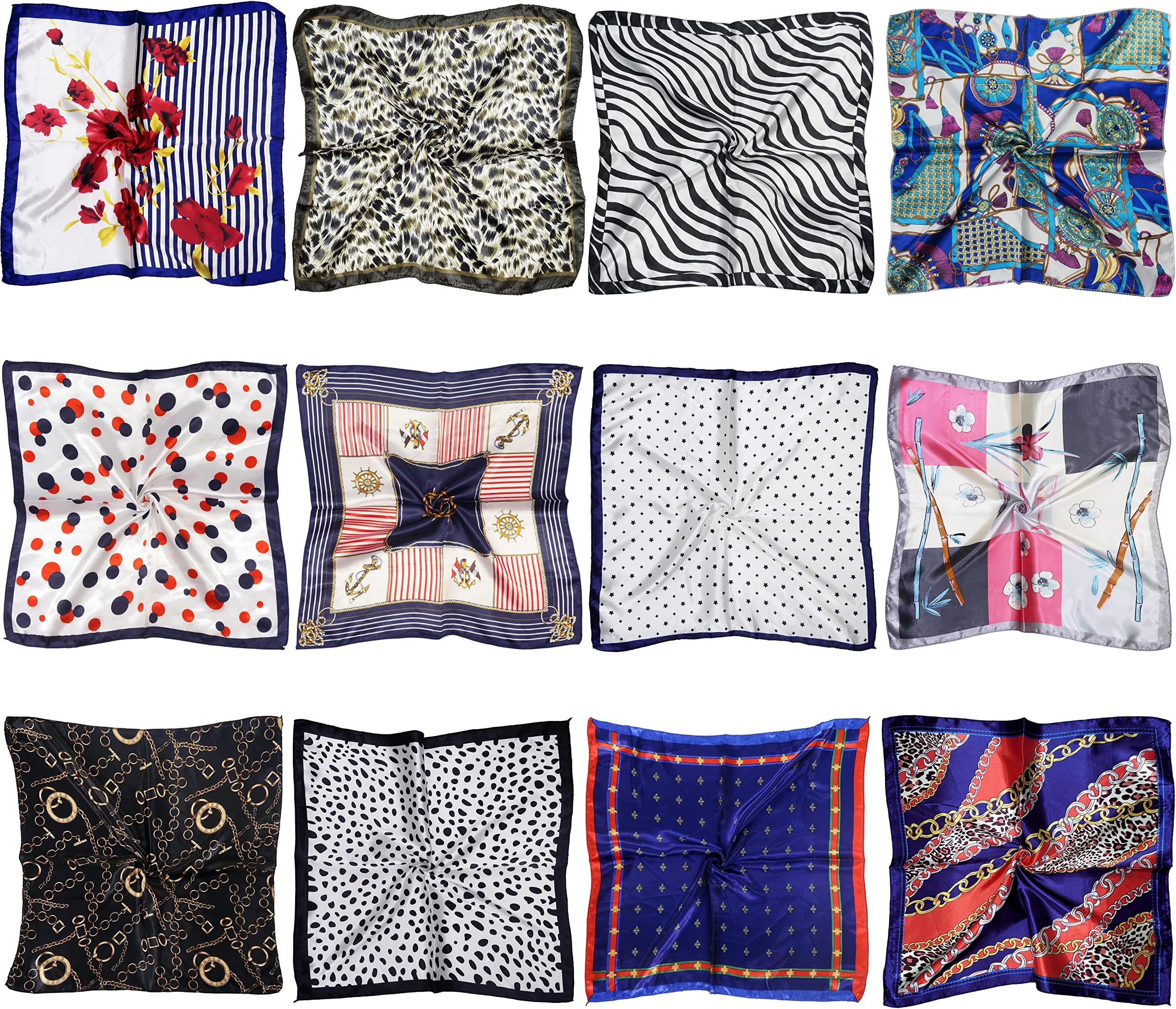 LilMents12 Set Mixed Designs Small Square Satin Womens Neck Head Scarf Scarves Bundle