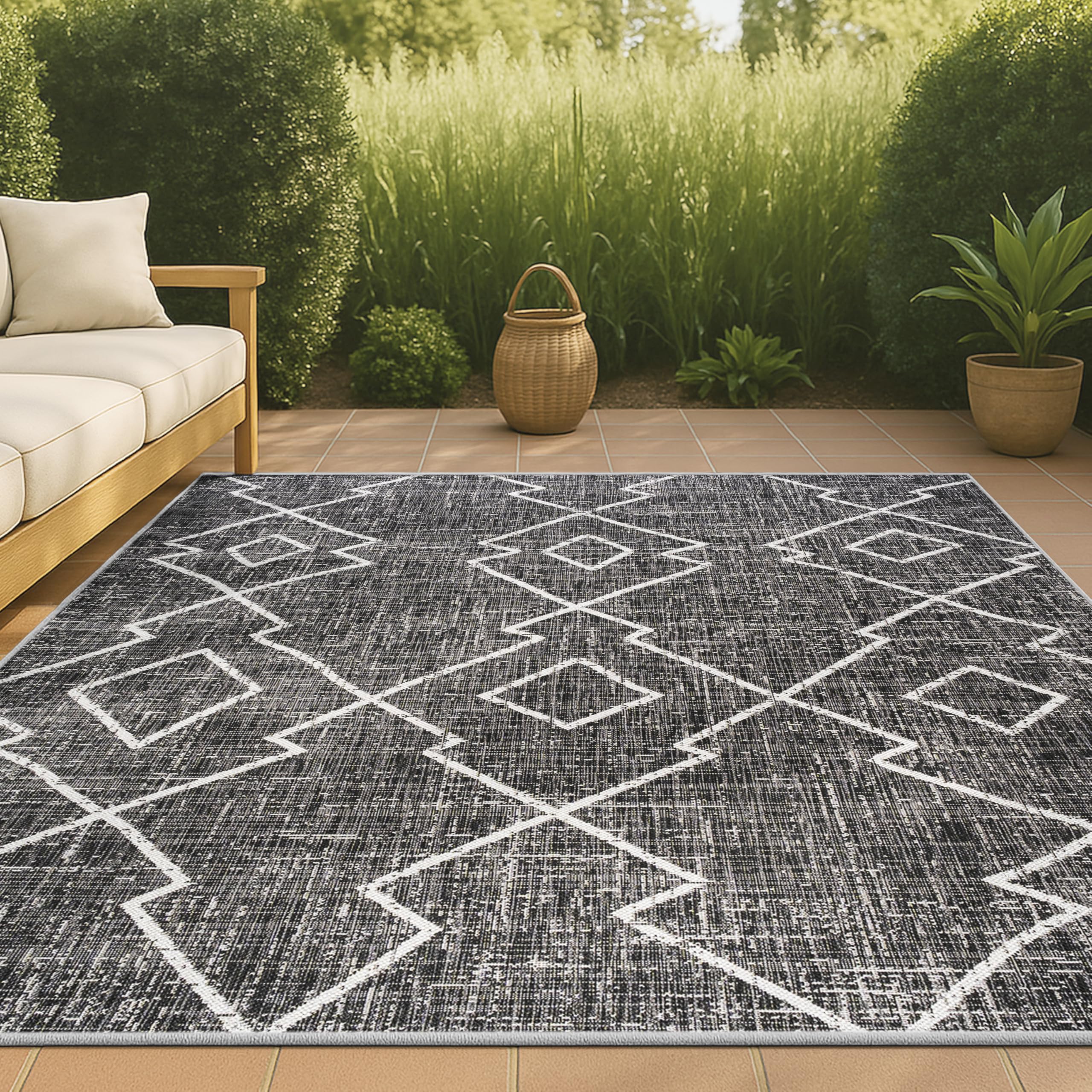 JONATHAN Y SMB128E-8 Carwa Tribal Diamond Trellis Indoor Outdoor Area Rug Bohemian Rustic Easy Cleaning Bedroom Kitchen Backyard Patio Non Shedding, 8 X 10, Black/Ivory