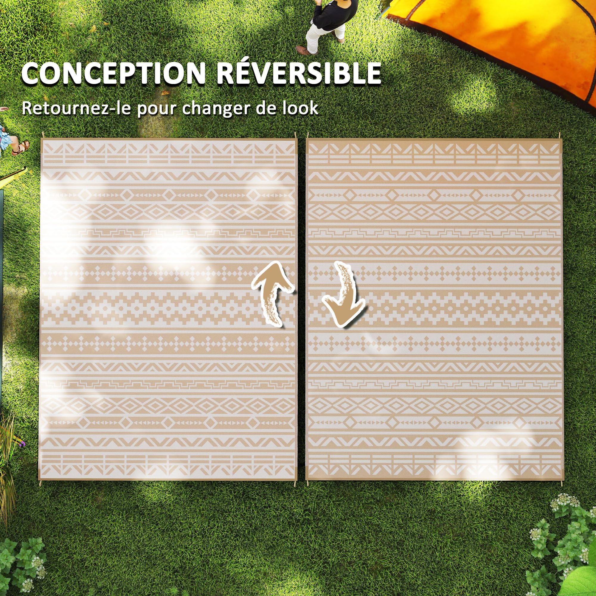 Outsunny Tapis d'extérieur réversible 3,7 x 2,7 m, Tapis de Sol au Motif Mur géométrique en PP résistant aux intempéries, Sac de Transport Inclus, Tapis extérieur terrasse, Kaki et Beige Clair
