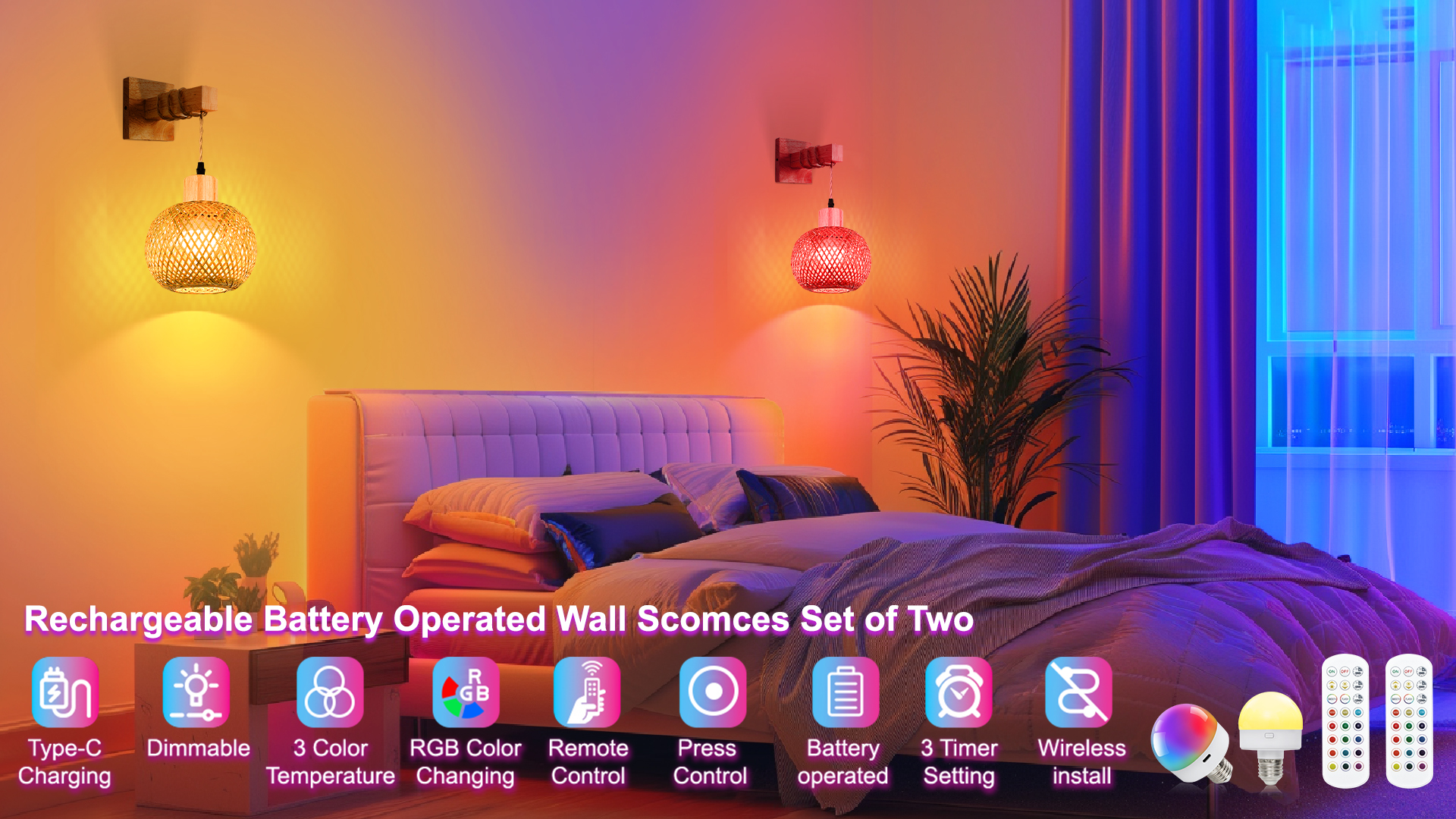 Image of Frideko Boho Battery Operated Wall Sconces Set of Two with Remote, RGB 15 Colors Rechargeable Wall Light, Rattan Dimmable Wireless Wall Lamp with 3 Timer, Bamboo Indoor Wall Lighting for Bedroom