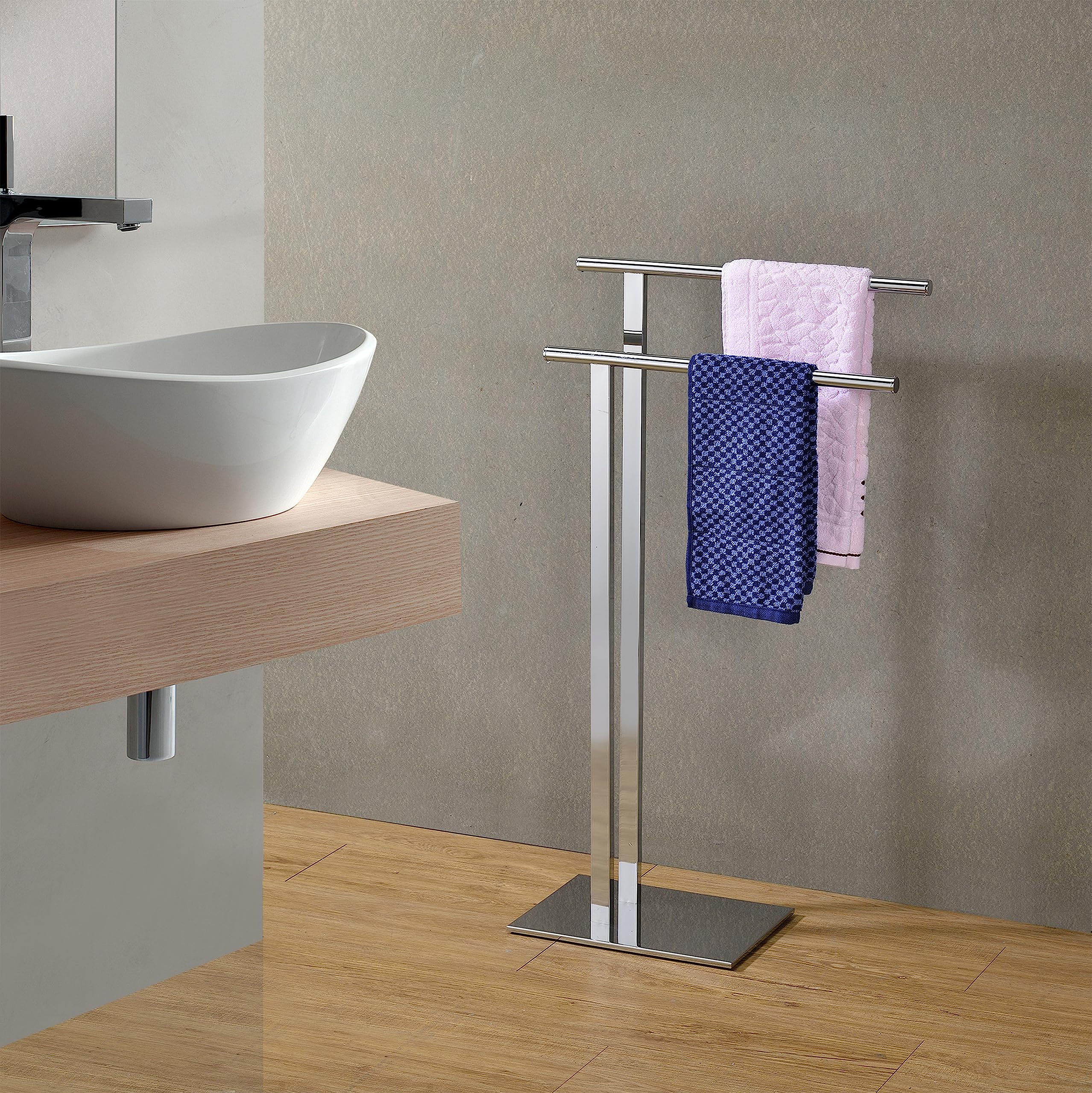 KB Designs - Modern Metal Freestanding Bathroom Towel Rack Stand, Chrome