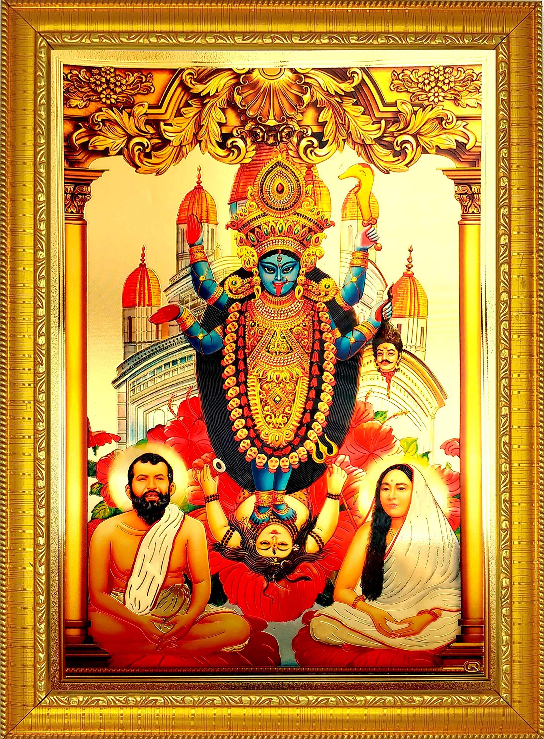 ADA Handicraft Mata Kali Mahakali Devi With Sri Ramkrishna Paramhansa Sarada Devi Hindu Religious Wood Photo Frame For Wall Kali Puja Shyama Puja Mahanisha Puja (35 x 25 x 1 cm, Multicolour)