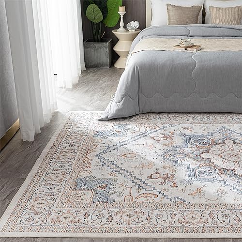 Miniatura 4 de Syalife Alfombra lavable vintage, alfombra de sala de estar de 6 x 9 pies, con parte trasera antideslizante, alfombra de interior envejecida que no