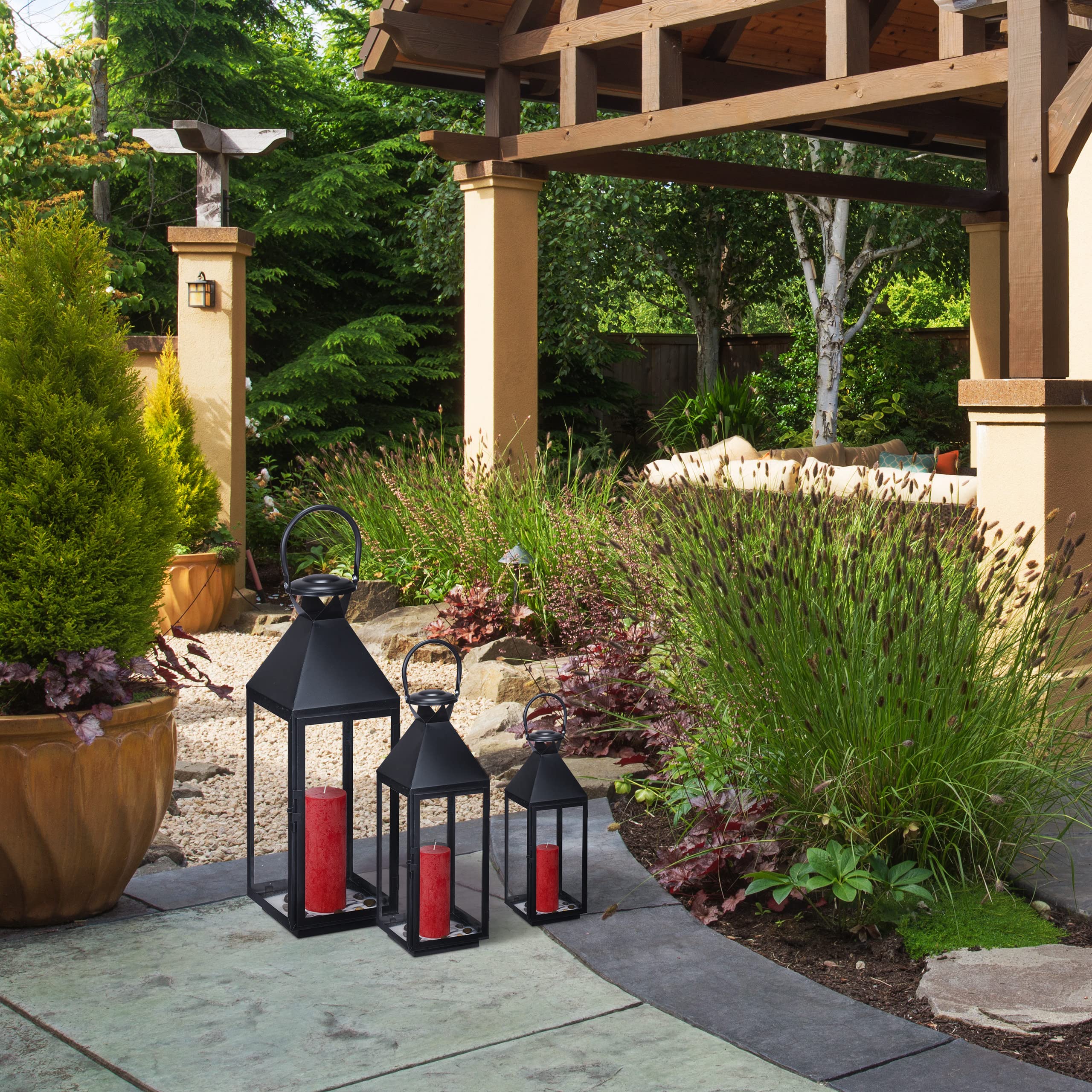Relaxdays Set 3 Portavelas, Farol Decorativo para Interior y Exterior, 3 Tamaños, Metal, Cristal, Farolillo Vela, Negro