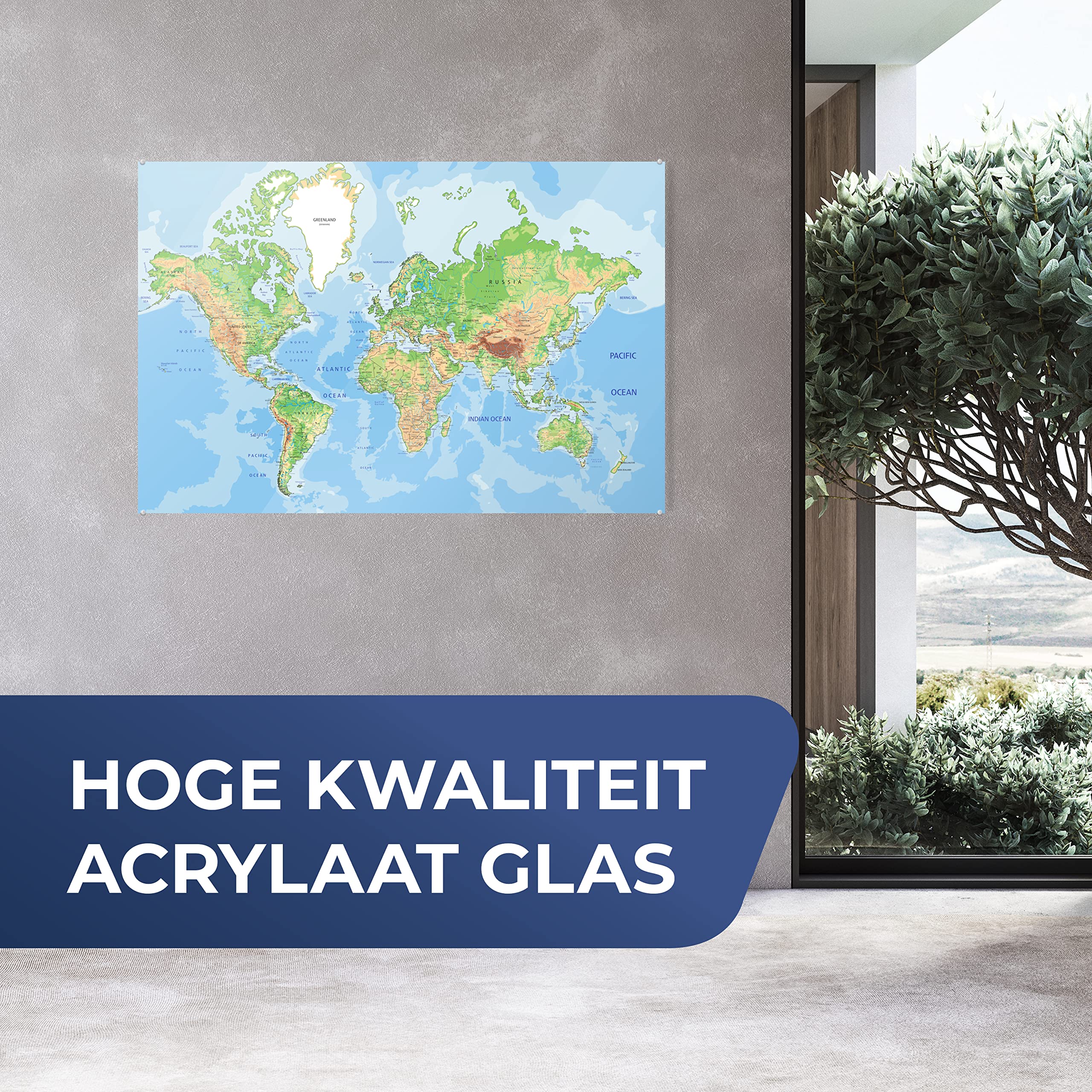 Glasbild Glasfoto Wandbild Bilder Deko 90x60 cm Weltkarte - Topographie - Atlas - Kinder - Junge - Mädchen