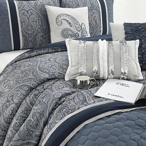 Miniatura 3 de Grand Avenue Juegos de edredón de cachemira azul marino para cama Queen, 7 piezas, juegos de ropa de cama y colecciones jacquard, microfibra ligera