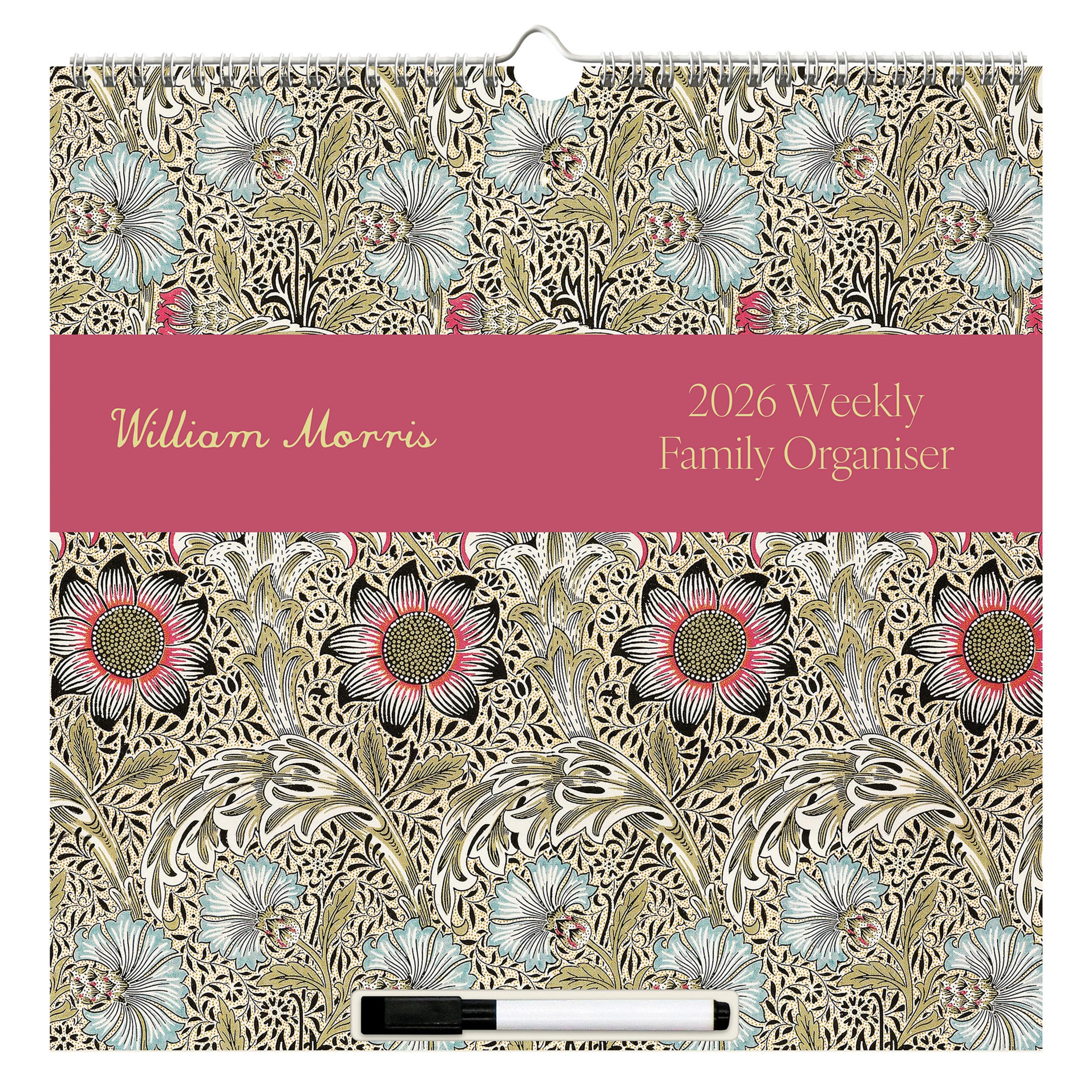 William Morris 2026 Family Organiser Wall Calendar | 5-Column Monthly Planner with Pen, Wipeable Overlay & Tear-Off Shopping & To-Do Lists