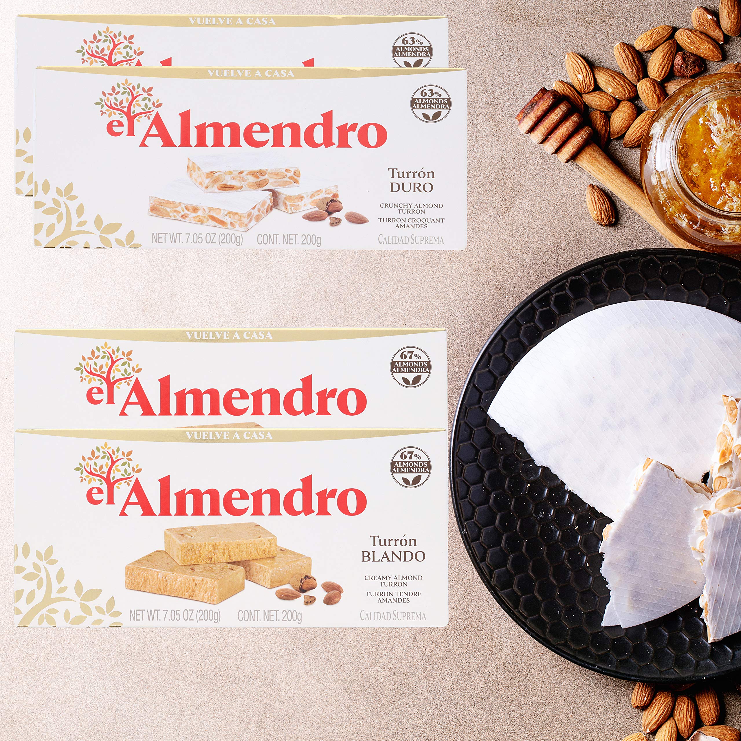 El Almendro – Lot de 4 paquets de 4 amandes croustillantes nougat et tourron doux – amande crémeuse turron turron Blando y Duro con Almendras Calidad Suprema avec pochette de rangement rapide premium