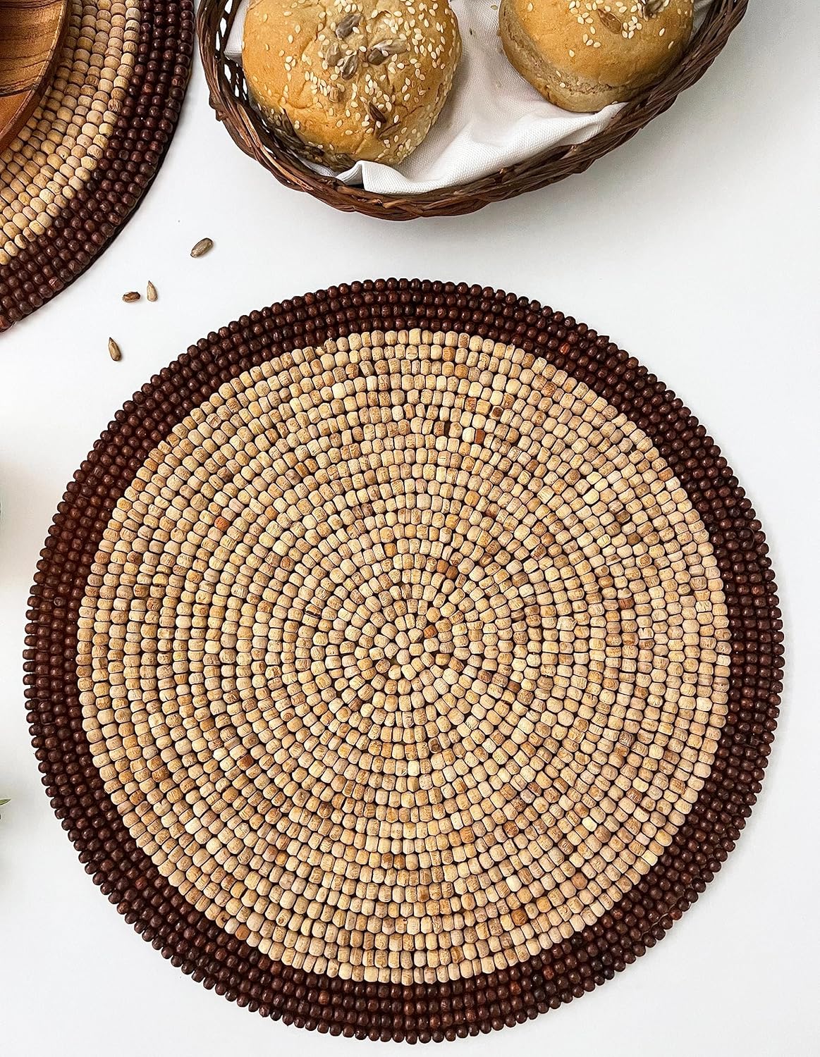 Enliven Set of 2 Handmade Vegan eco Friendly placemat, Wooden Beaded tablemat, 14 inch, Insulated Charger | Set of 2