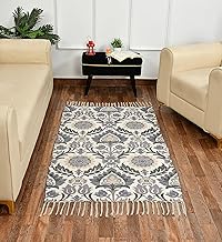 MEHAR KART Grey Flower Chindi Printed Handmade Dhurrie Rugs Carpet for Living Room Drawing Room Decor for Bedroom Multicolour - (3 x 5 Feet)