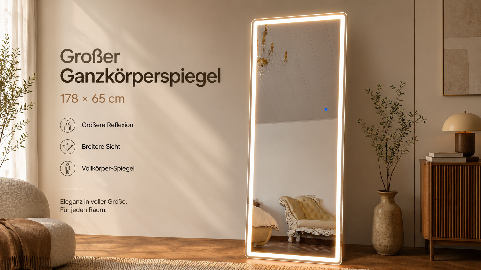 ZKIODV 178x65cm Ganzkörperspiegel mit Beleuchtung, Wandspiegel Groß mit Licht, Standspiegel mit LED 3 Farben & Dimmbar, Großer Spiegel Beleuchtet mit Ständer für Wohnzimmer Eingang Flur (Weiß XXL)