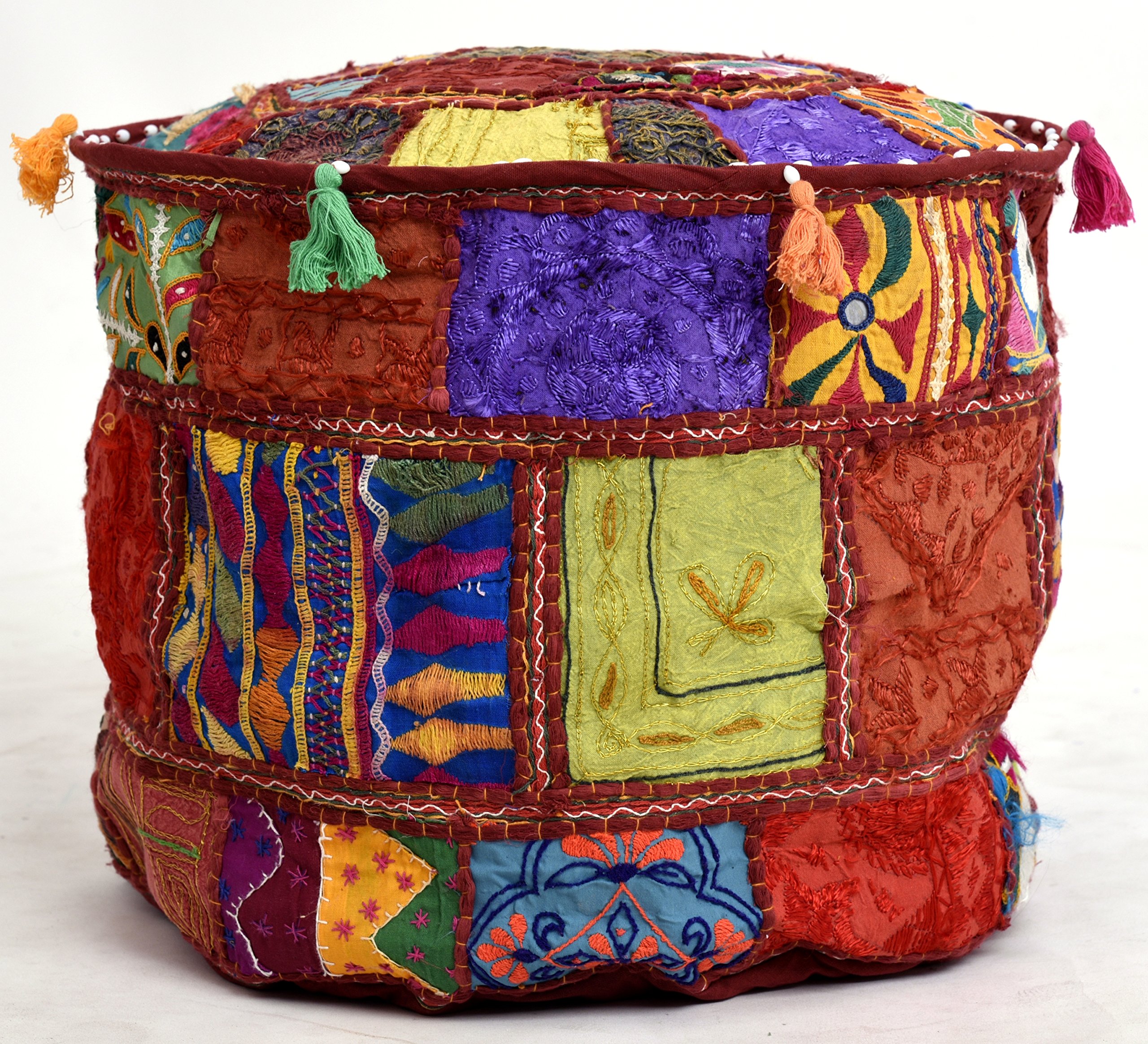 Handicraft-Palace Maroon Khambadiya Ethnic Decorative Pillow Cover Round Pouf Foot Stool Poof Cover 18" Inch Embroidery Pouf Ottoman Pouffe Cover-image-29