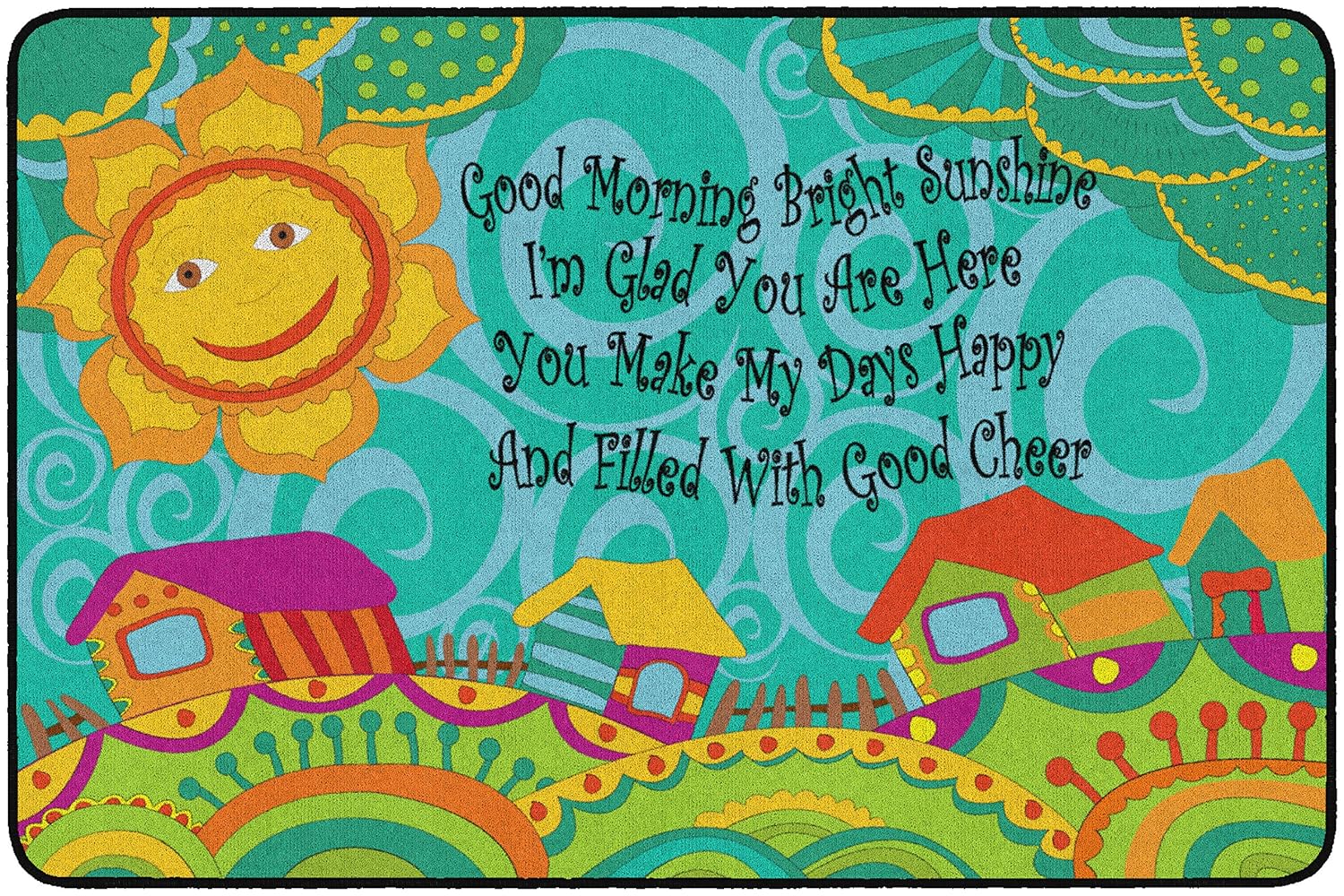 Flagship Carpets Good Morning Bright Sunshine Colorful Cartoon Rug for Children's Classroom, Kids Room Carpet, Playroom or Activity Area, 4' x 6', Blue/Multicolor