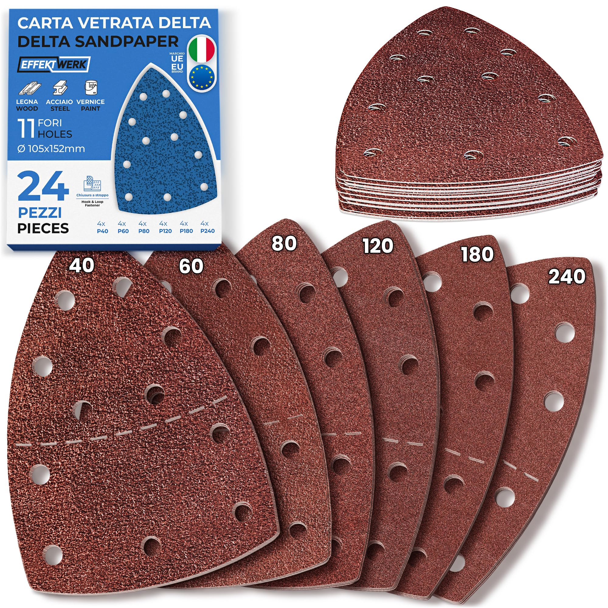 Carta Abrasiva Delta - Confezione da 24, 11 Fori - Tamponi Abrasivi Triangolari 105 x 152mm per Levigatrici Triangolari - Varie Grane (40, 60, 80, 120, 180, 240)