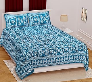 Marusthali Rajasthani hand block printed jaipuri soft cotton fabric Bed sheets Set Bedding Set Bedspread Bed Throws Size 90 x 100 Inches (Blue)